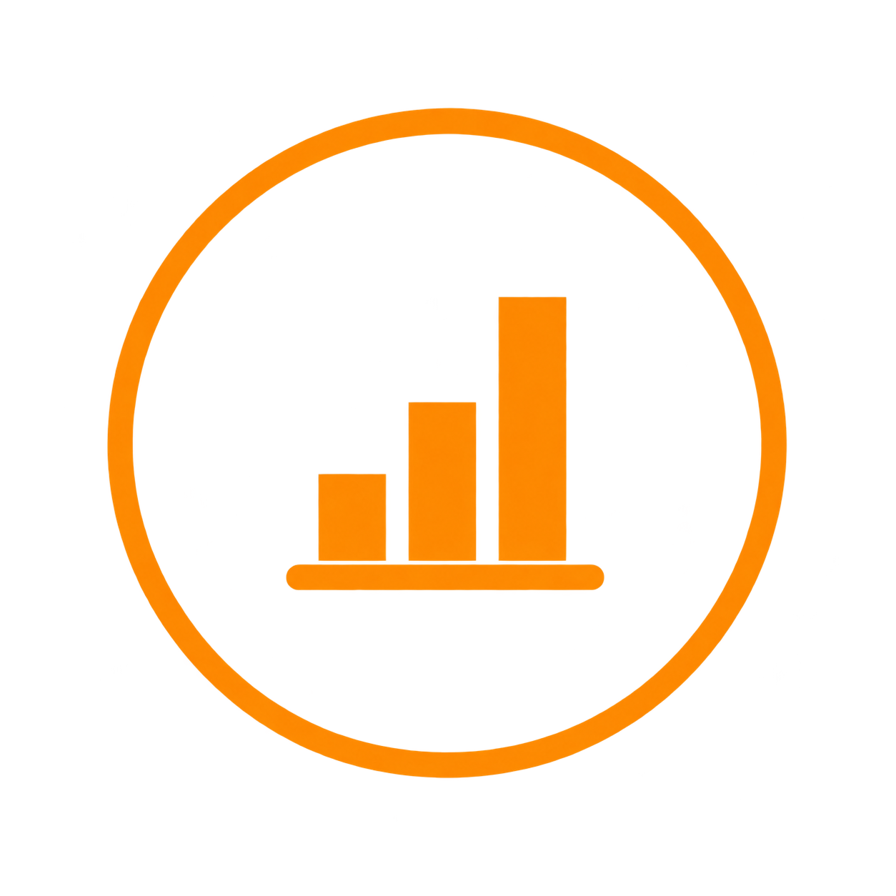 Icon of a bar chart with three ascending bars inside a circular outline, representing growth or analytics.