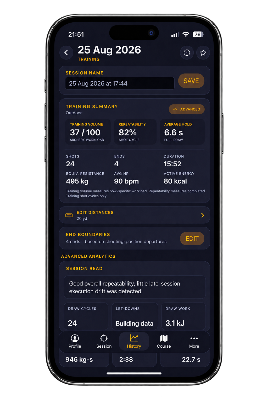 Mobile app screen displaying archery training data, including session date, summary, shot details, and analytics.