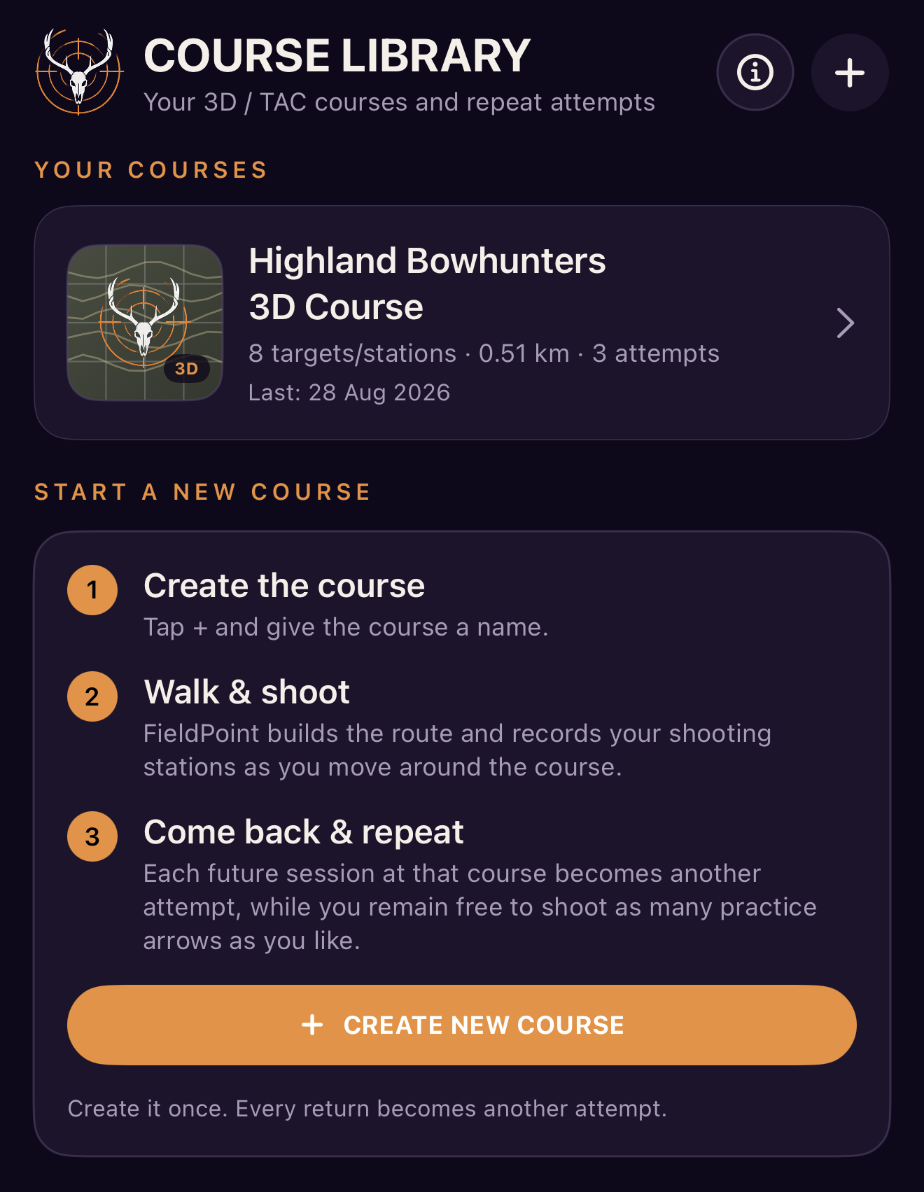 Screenshot of a course library app showing Highland Bowhunters 3D Course with details, and options to start a new course with numbered steps for creating, walking & shooting, and repeating.