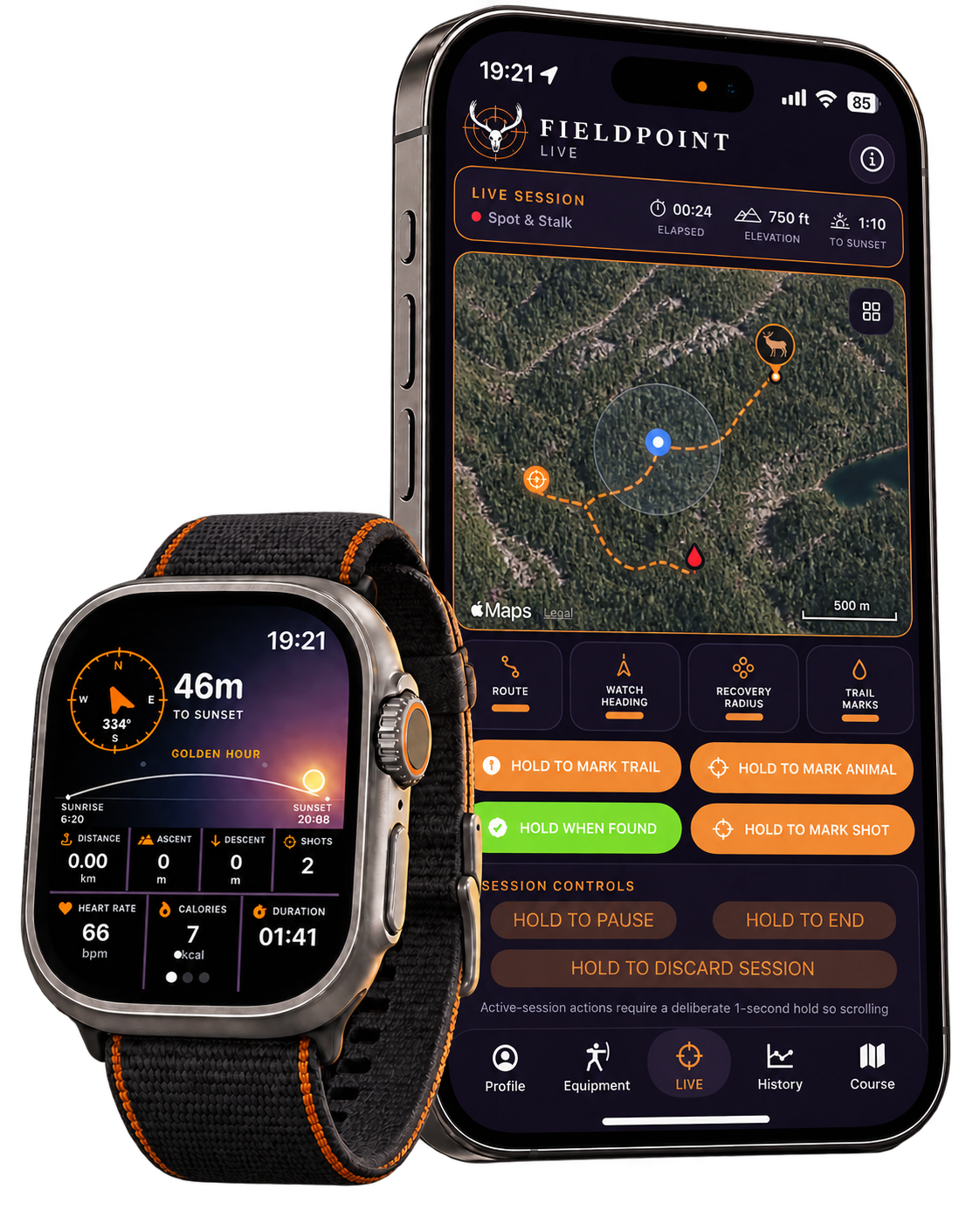 A smartwatch showing a navigation screen and a smartphone displaying a detailed trail mapping and tracking app with various options for outdoor activity tracking.