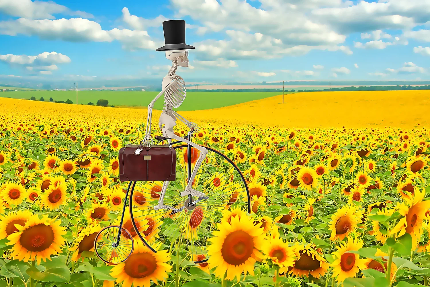 Digital art - skeleton with tophat riding penny farthing in sunflowers
