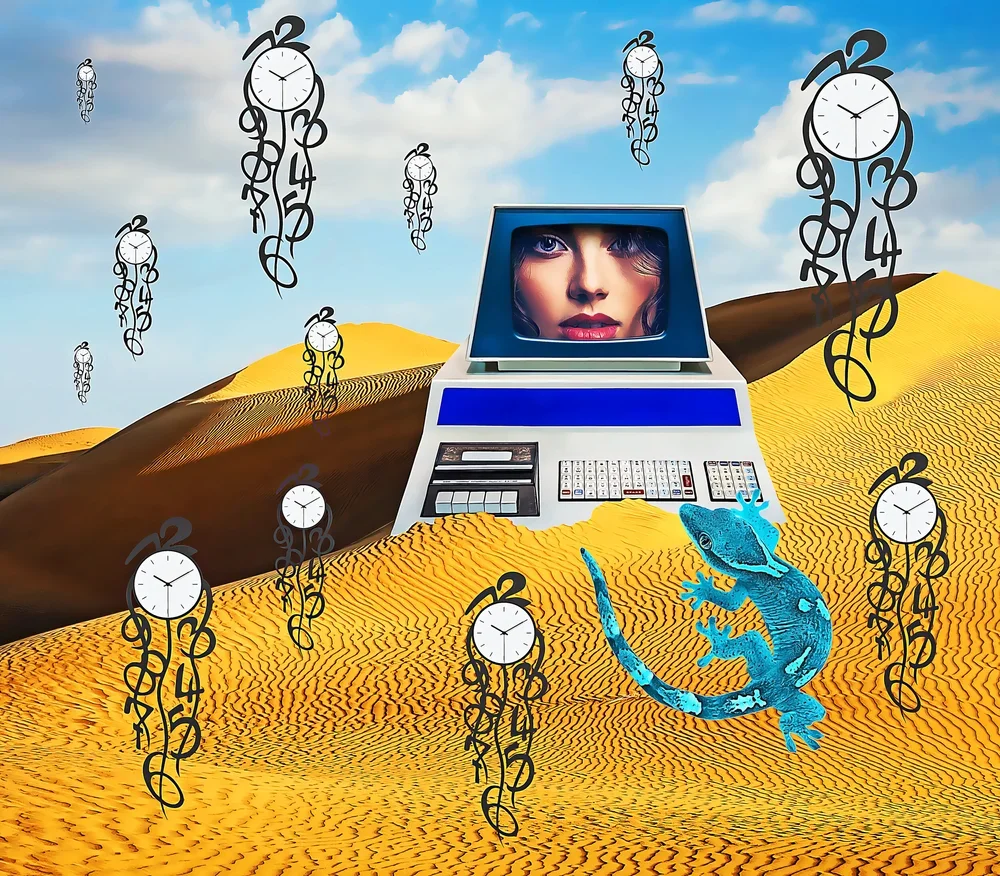 Self-portratit - digital art woman in computer and gecko typing in desert with clocks floating and melting