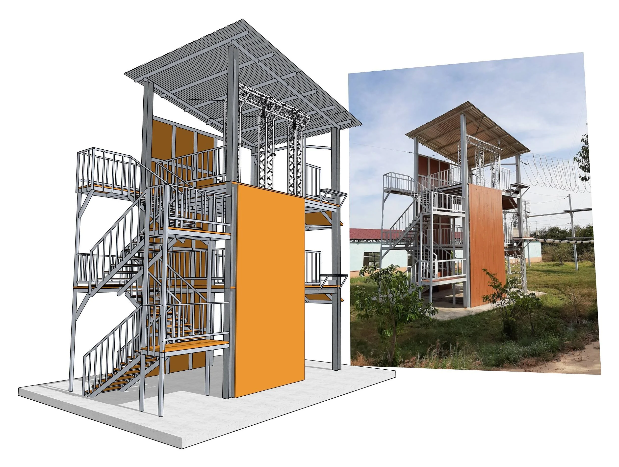 Technical model of a climbing and ropes course tower