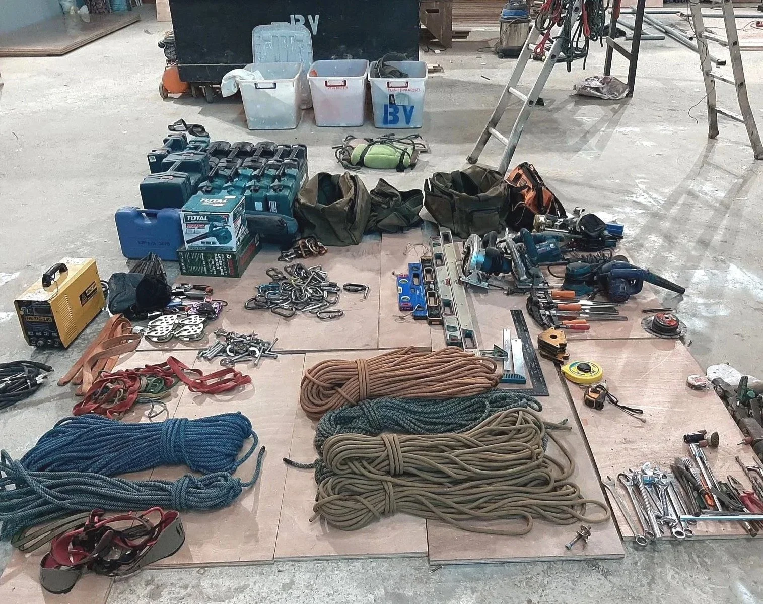Tools, ropes, and equipment used for rope-access construction.