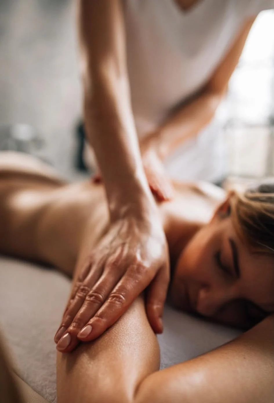 Frau bei einer entspannenden Rücken- und Schultermassage während des Beauty Days Frühlingstraum