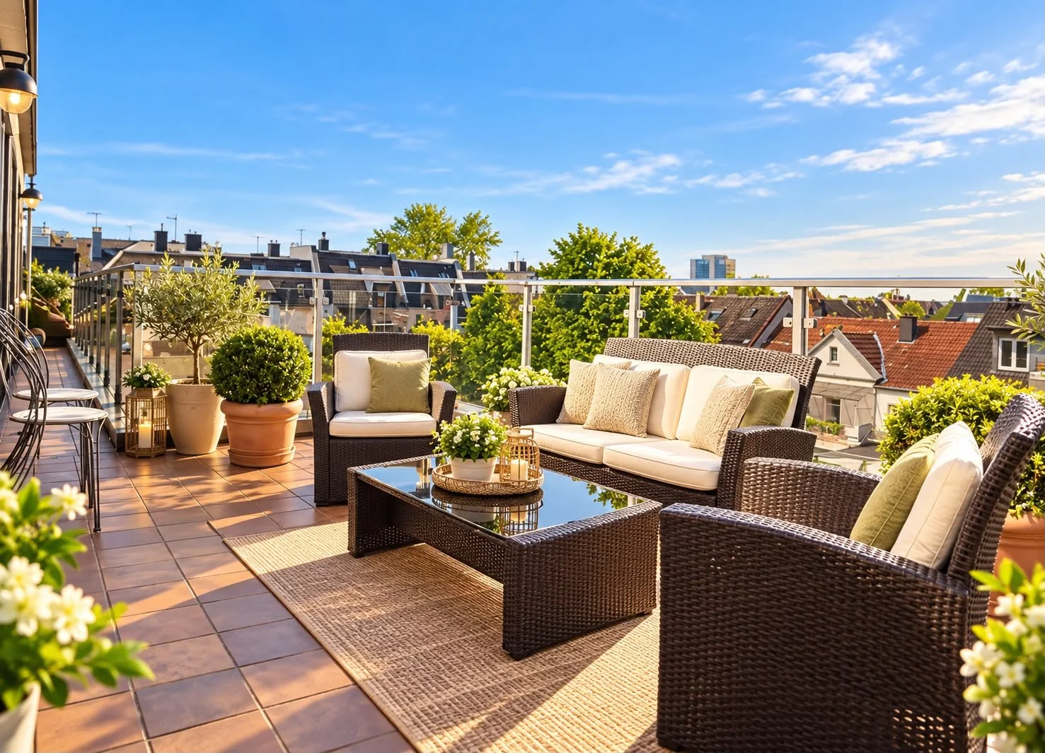 Sonnige Dachterrasse mit Sitzbereich im Wellness Relax Areal in Essen