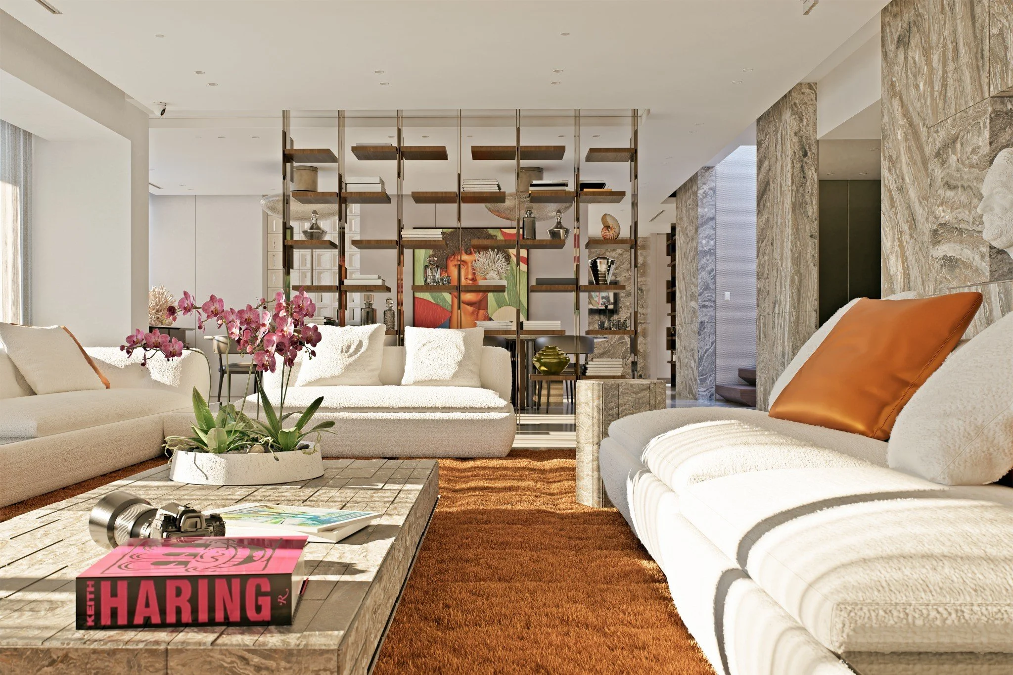 OROBICO living room and library by Chrome Design, a luxury interior in Bal Harbour