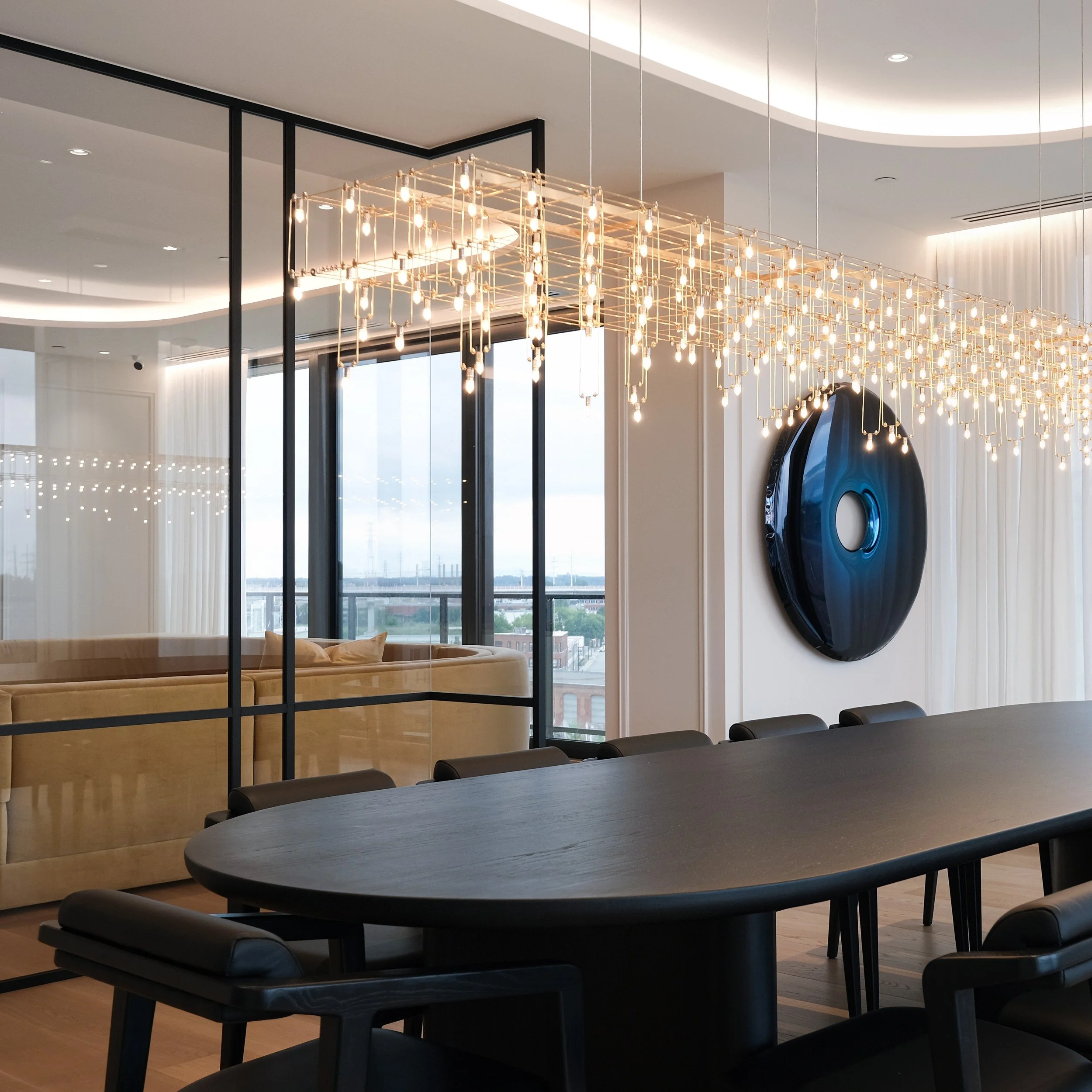 Blue lounge in the French Velours penthouse by Chrome Design in Griffintown, Montreal