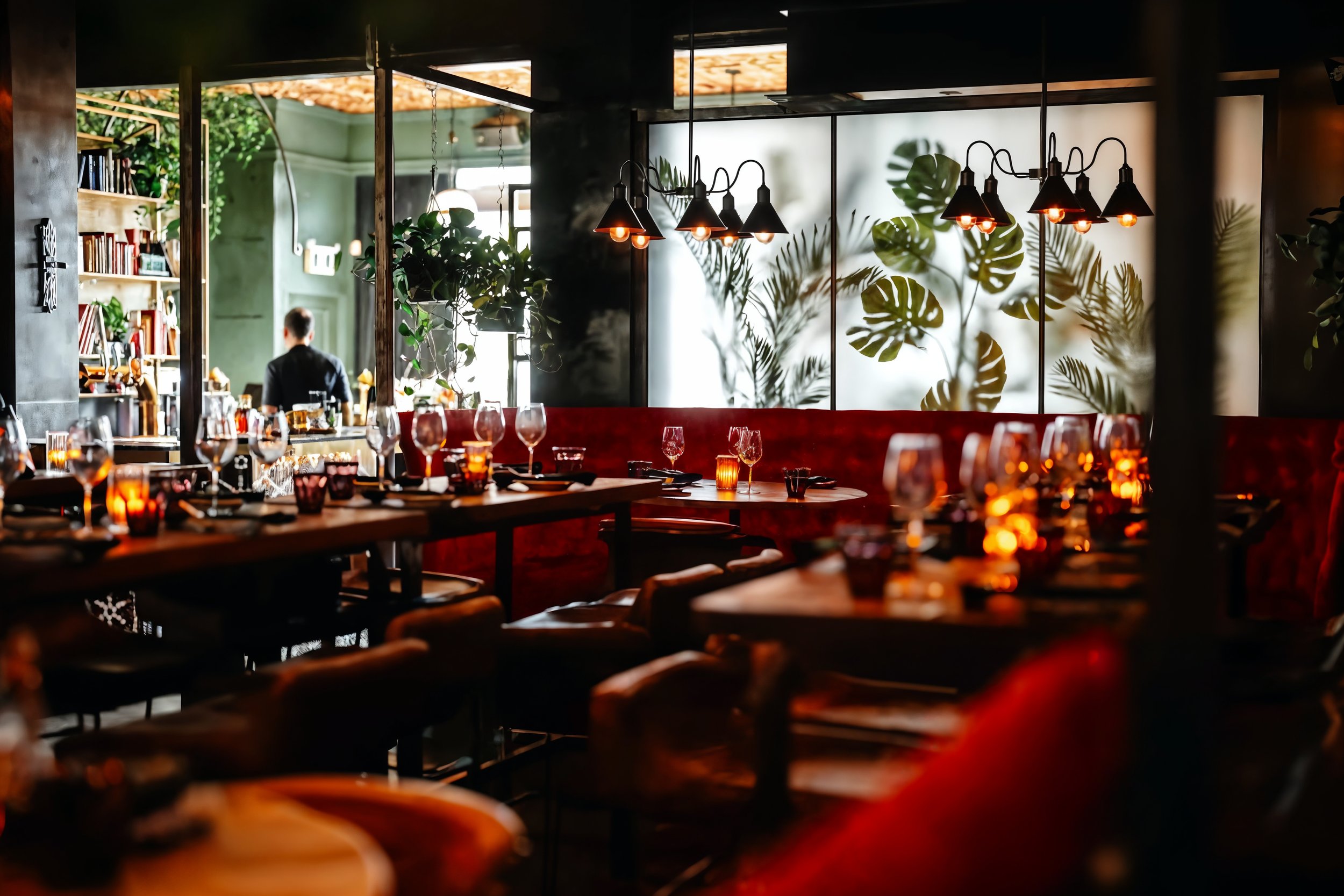 Dining room with red velvet banquettes at Madame Bovary restaurant, Centropolis, Laval, interior design by Chrome Design Studio