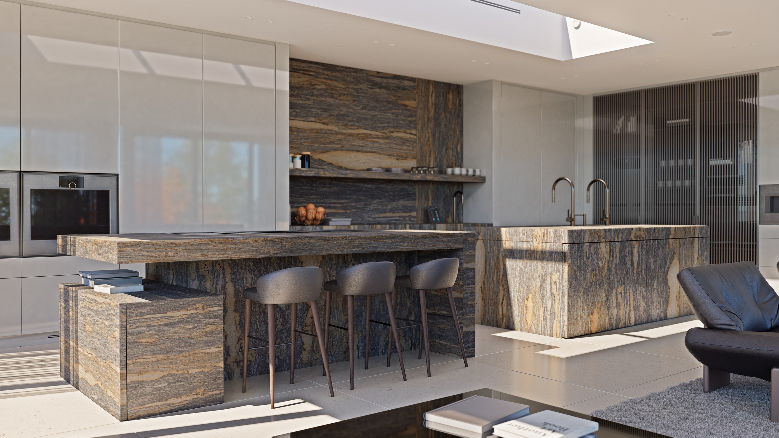 Eau Noire custom kitchen east view by Chrome Design in Quebec