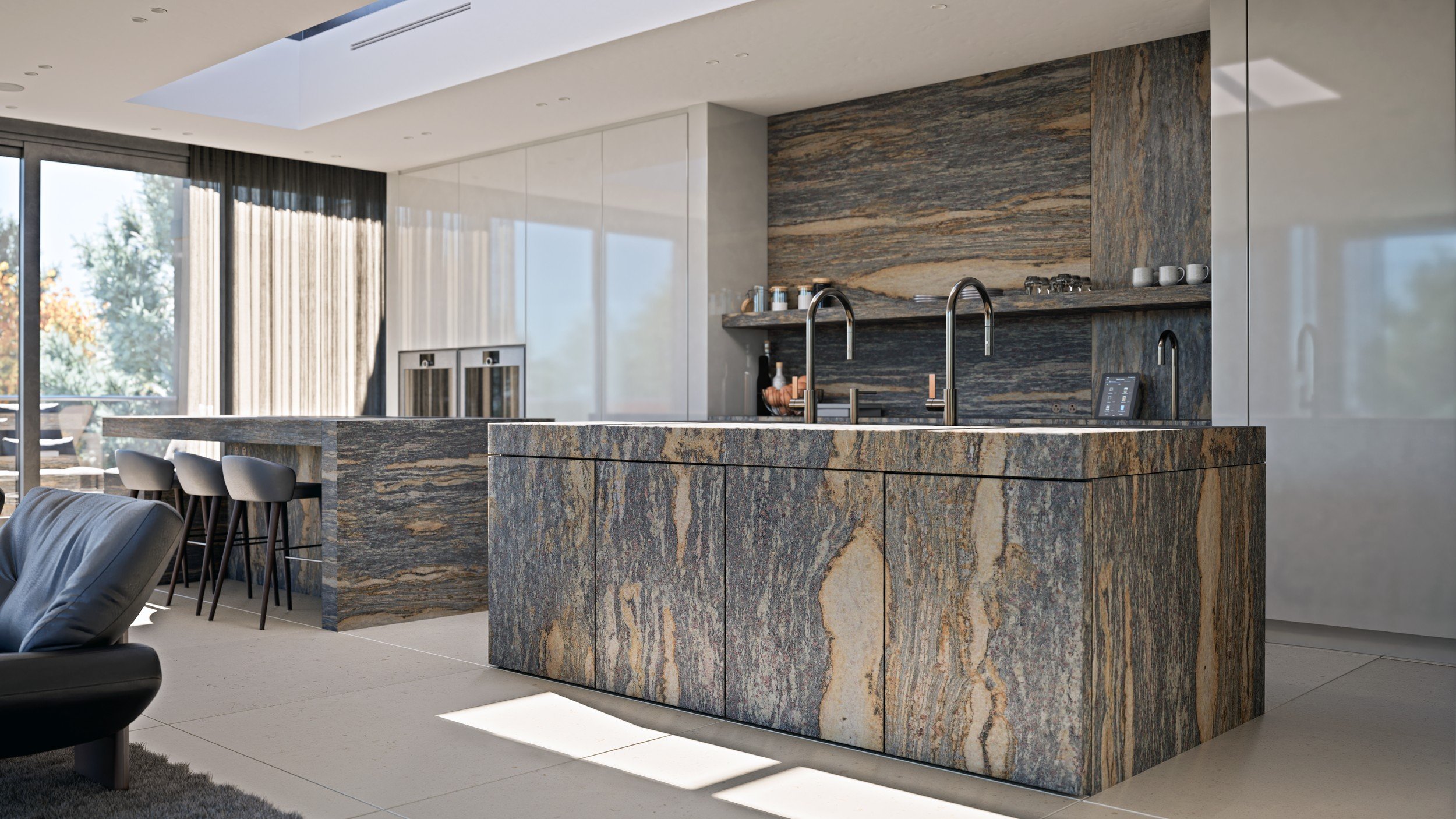 Eau Noire custom kitchen west view by Chrome Design in Quebec