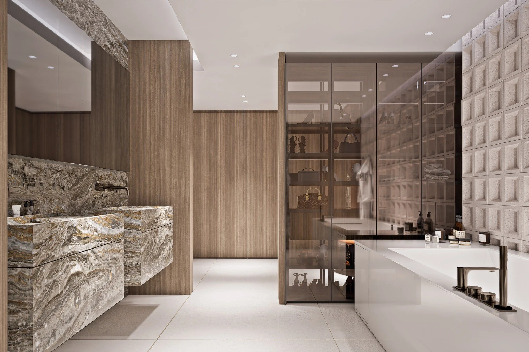 Primary bathroom and walk-in dressing area in OROBICO by Chrome Design in Bal Harbour