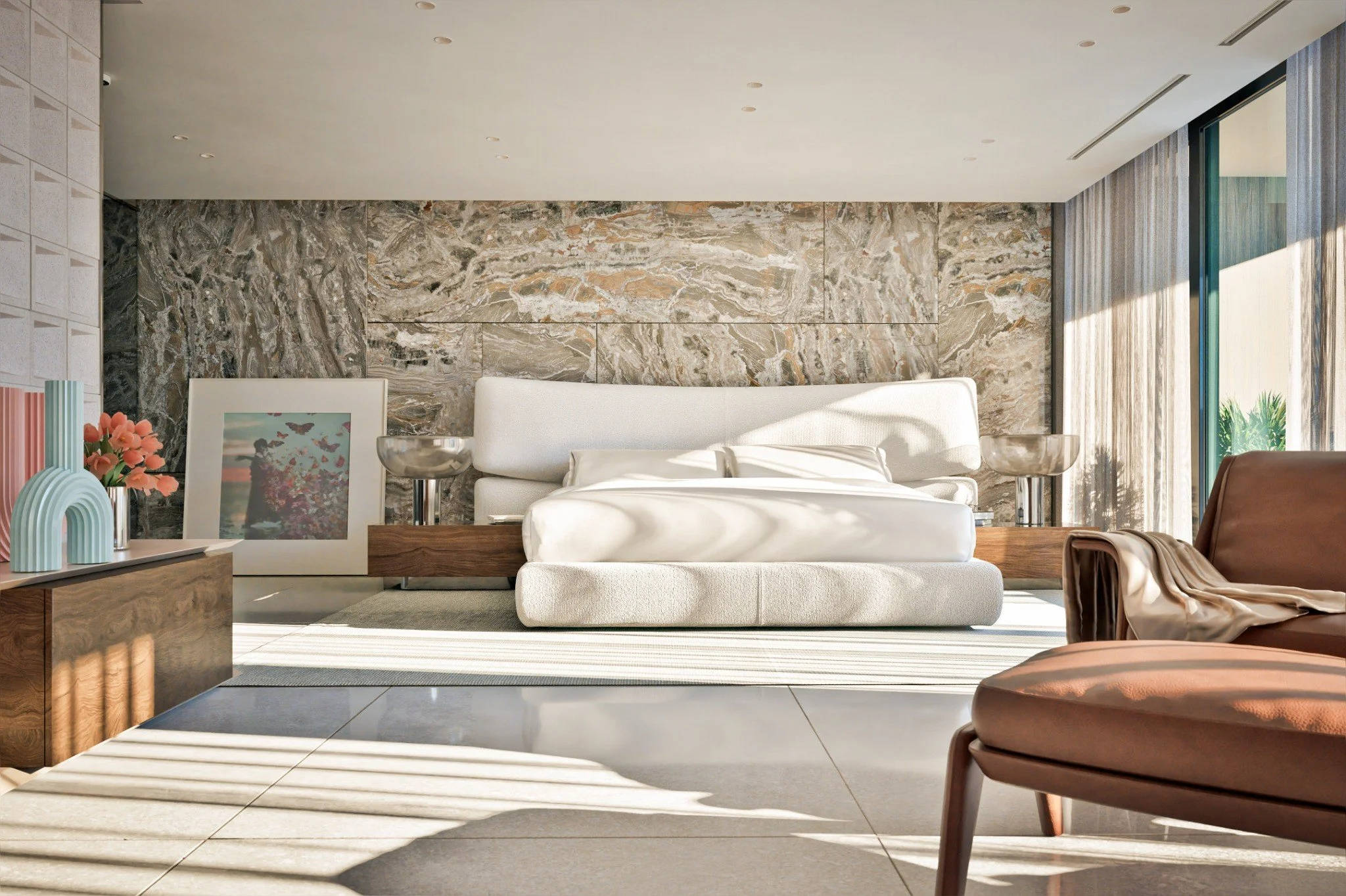Primary bedroom in OROBICO by Chrome Design, a luxury residence in Bal Harbour