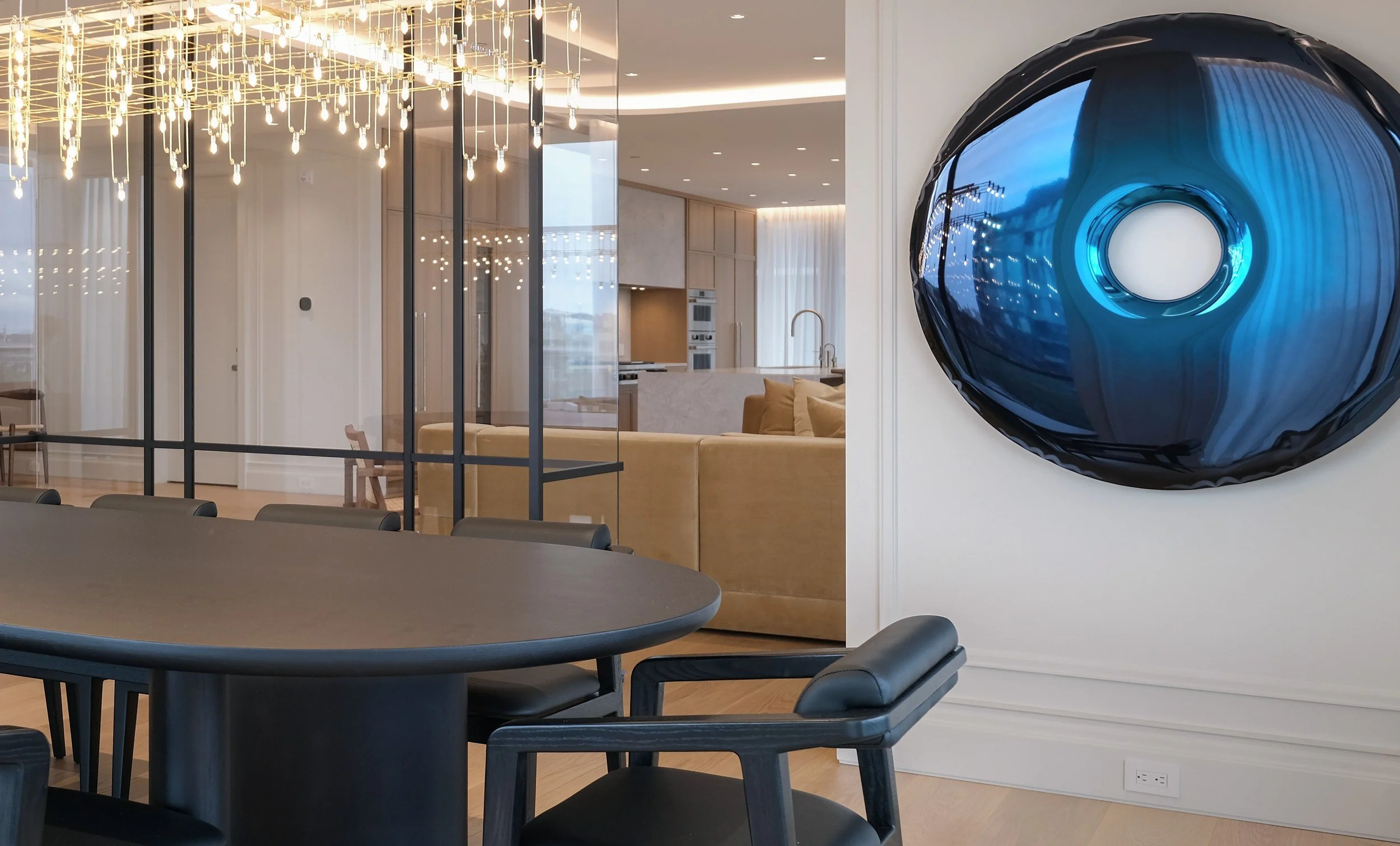 Blue-toned living space in the French Velours penthouse by Chrome Design in Griffintown, Montreal