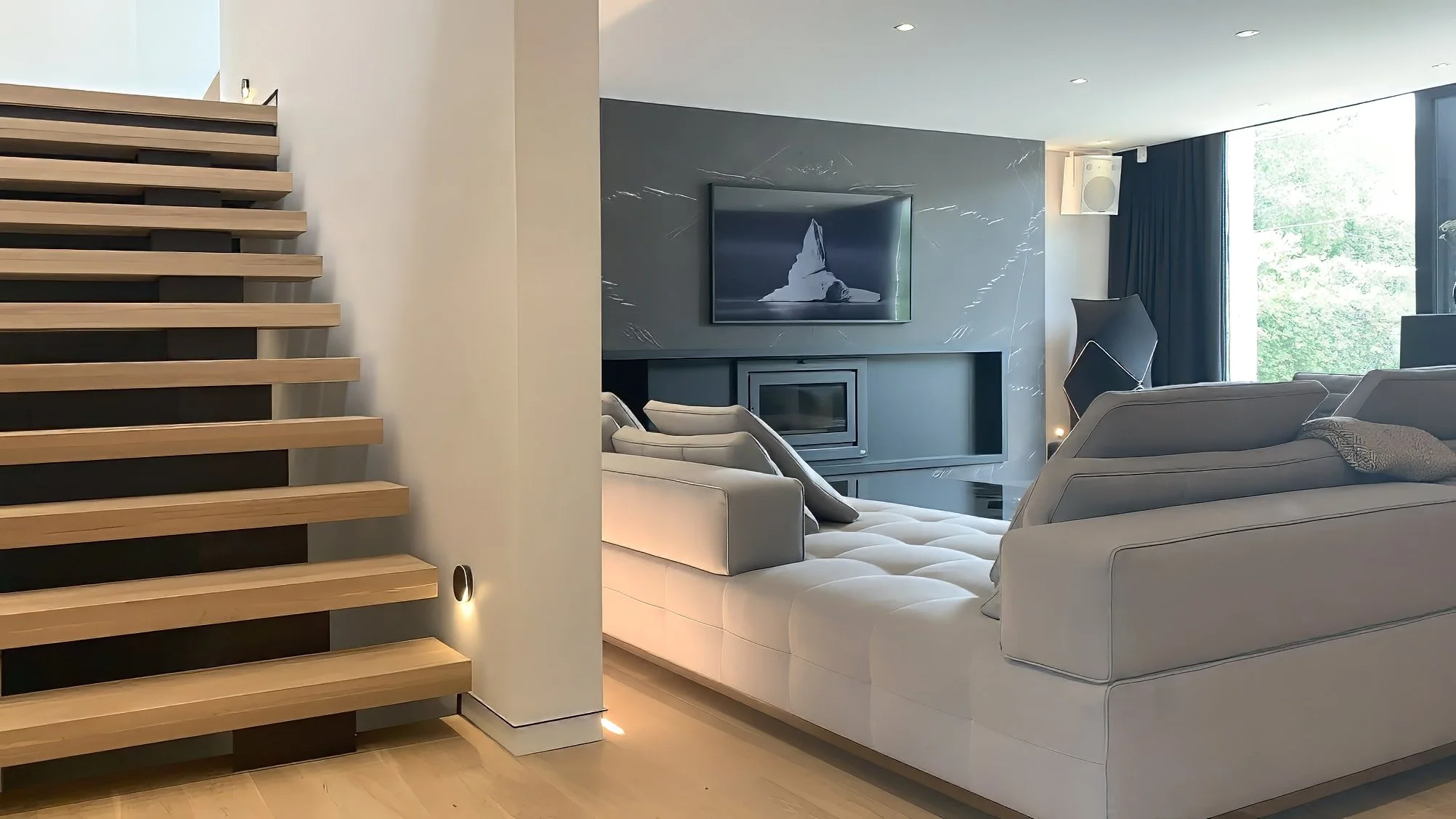 Lazard living room and open staircase by Chrome Design in Montreal