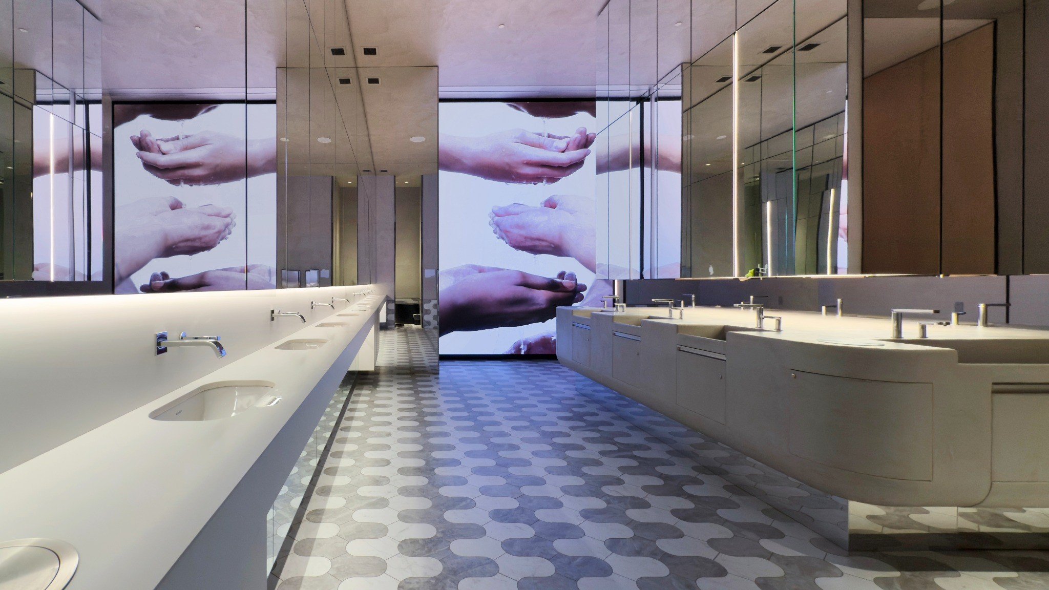 Washbasin area in the inclusive bathroom at Royalmount in Montreal by Chrome Design and Borrallo Interiors