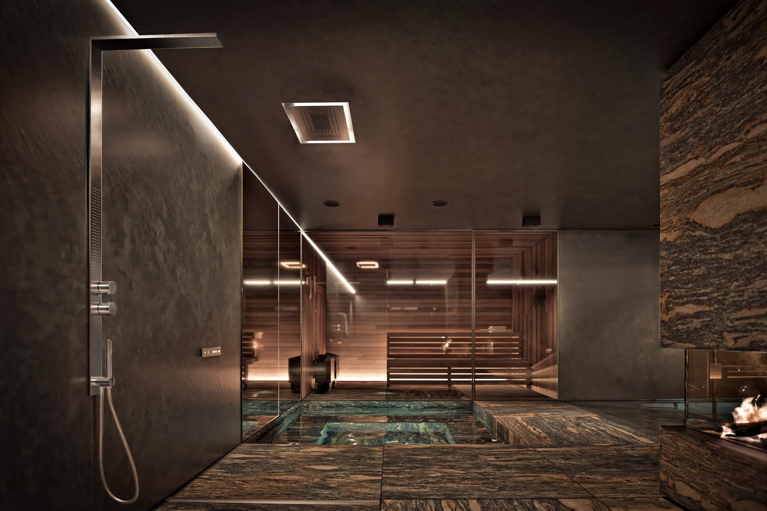 Fantini shower detail in the Eau Noire indoor pool and wellness space by Chrome Design in Quebec