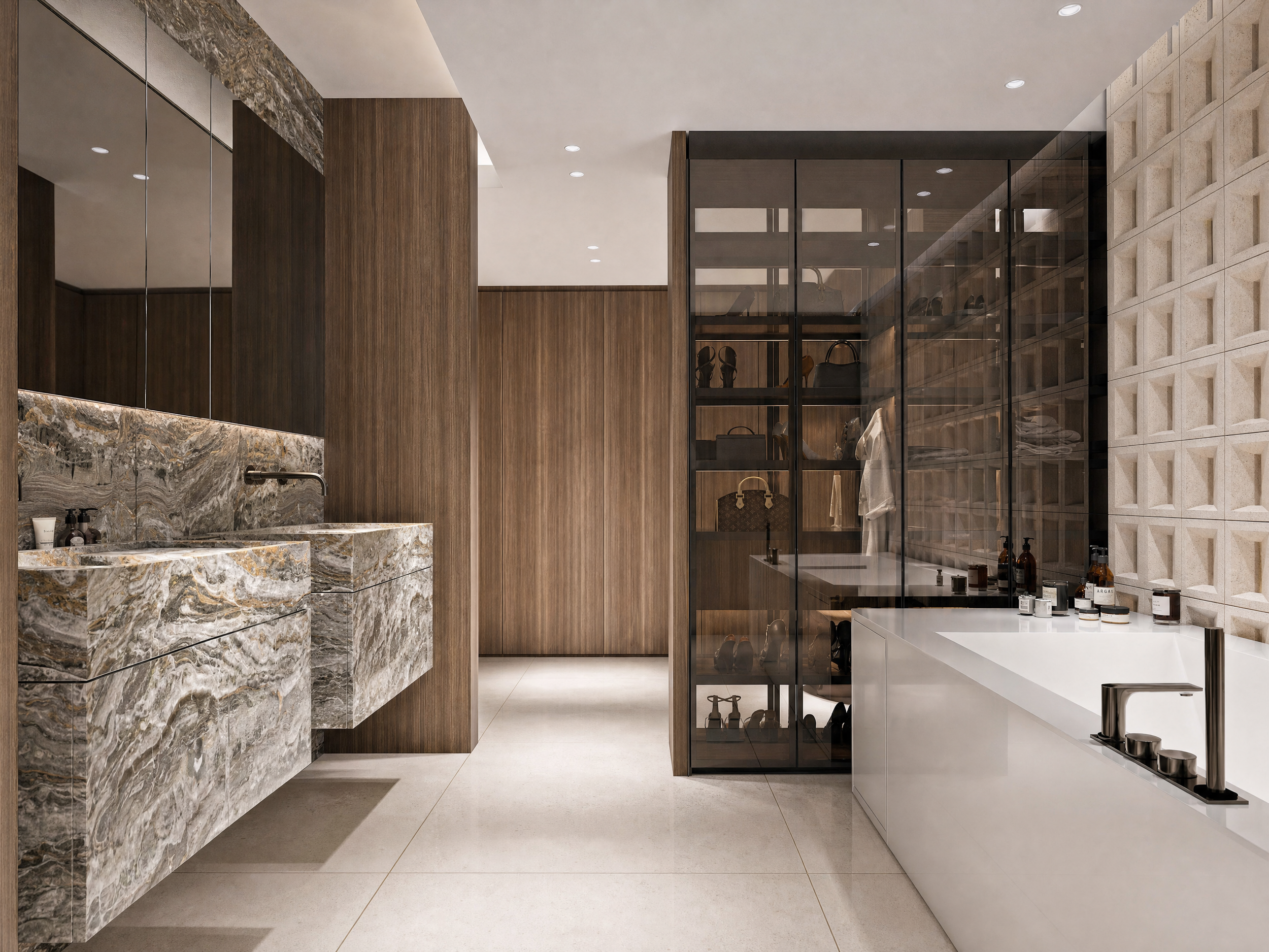 Stone vanities and walk-in closet in the Orobico primary bathroom, Bal Harbour, Florida, interior design by Chrome Design Studio