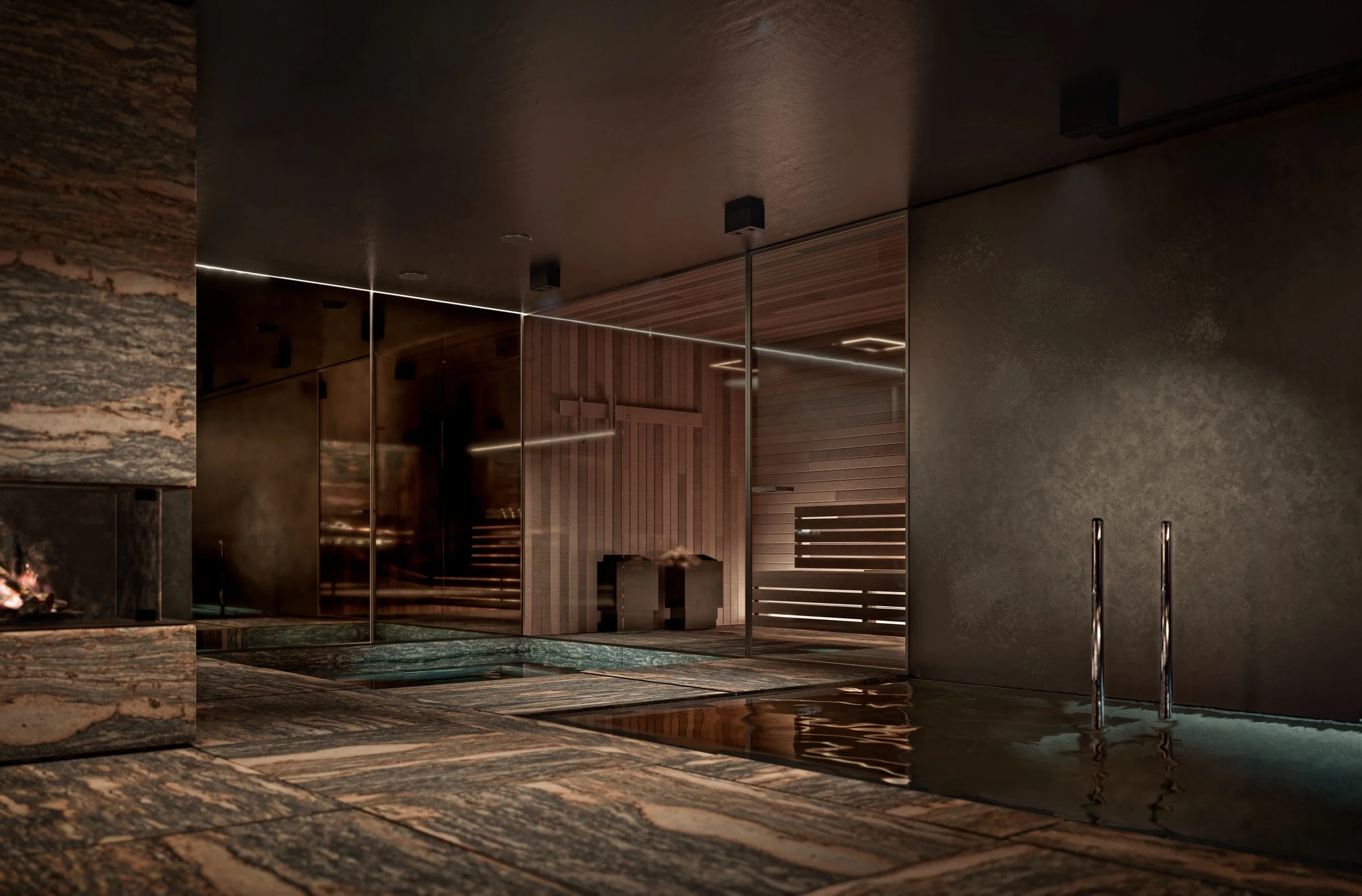 Architectural detail of the Eau Noire indoor pool by Chrome Design in Quebec