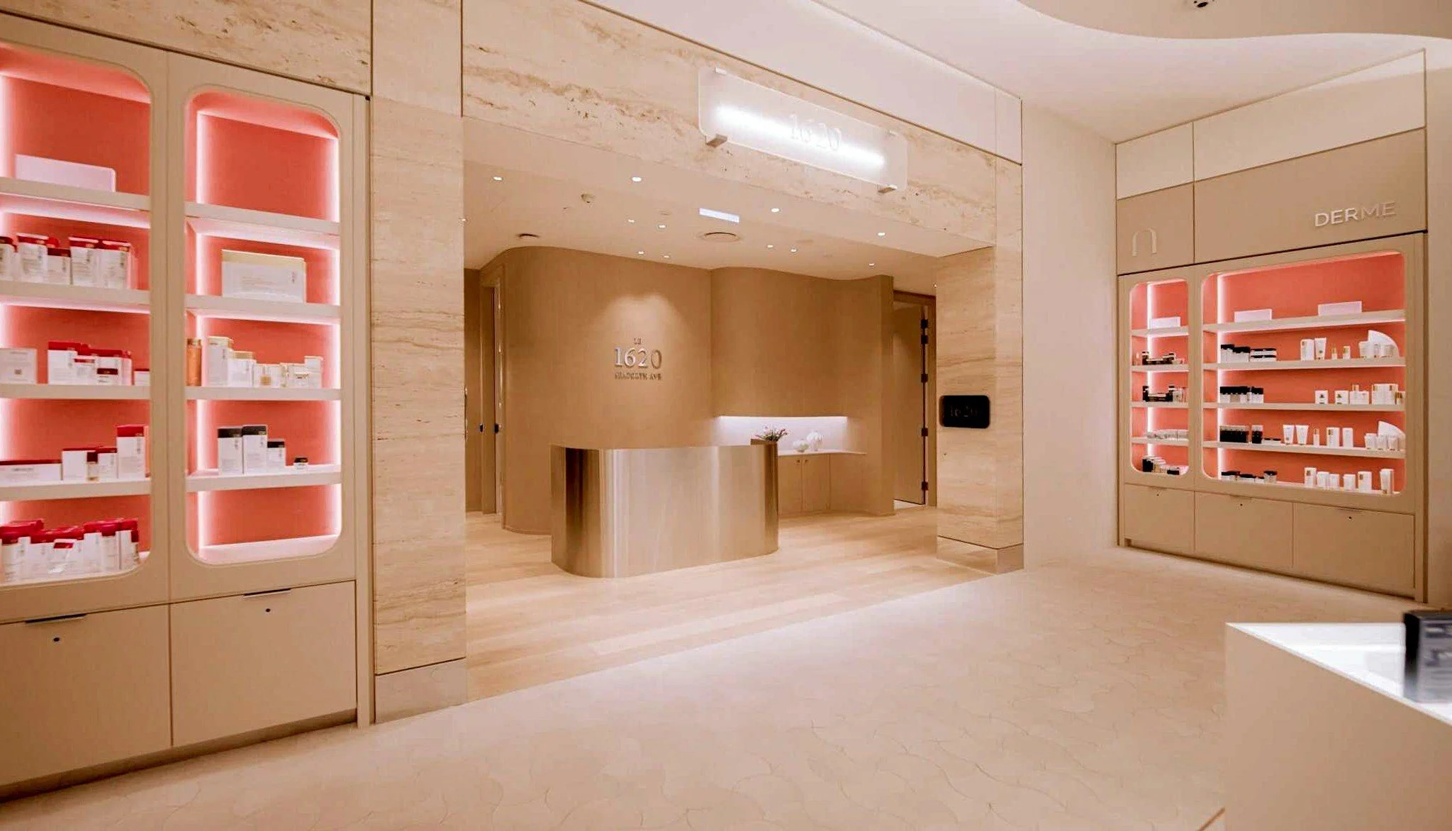 Reception and retail area at 1620, a beauty and wellness clinic interior by Chrome Design in Montreal