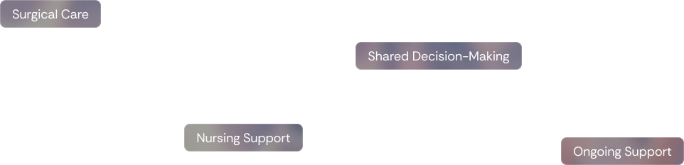 A flowchart diagram showing steps in healthcare decision-making, including Surgical Care, Shared Decision-Making, Nursing Support, and Ongoing Support.