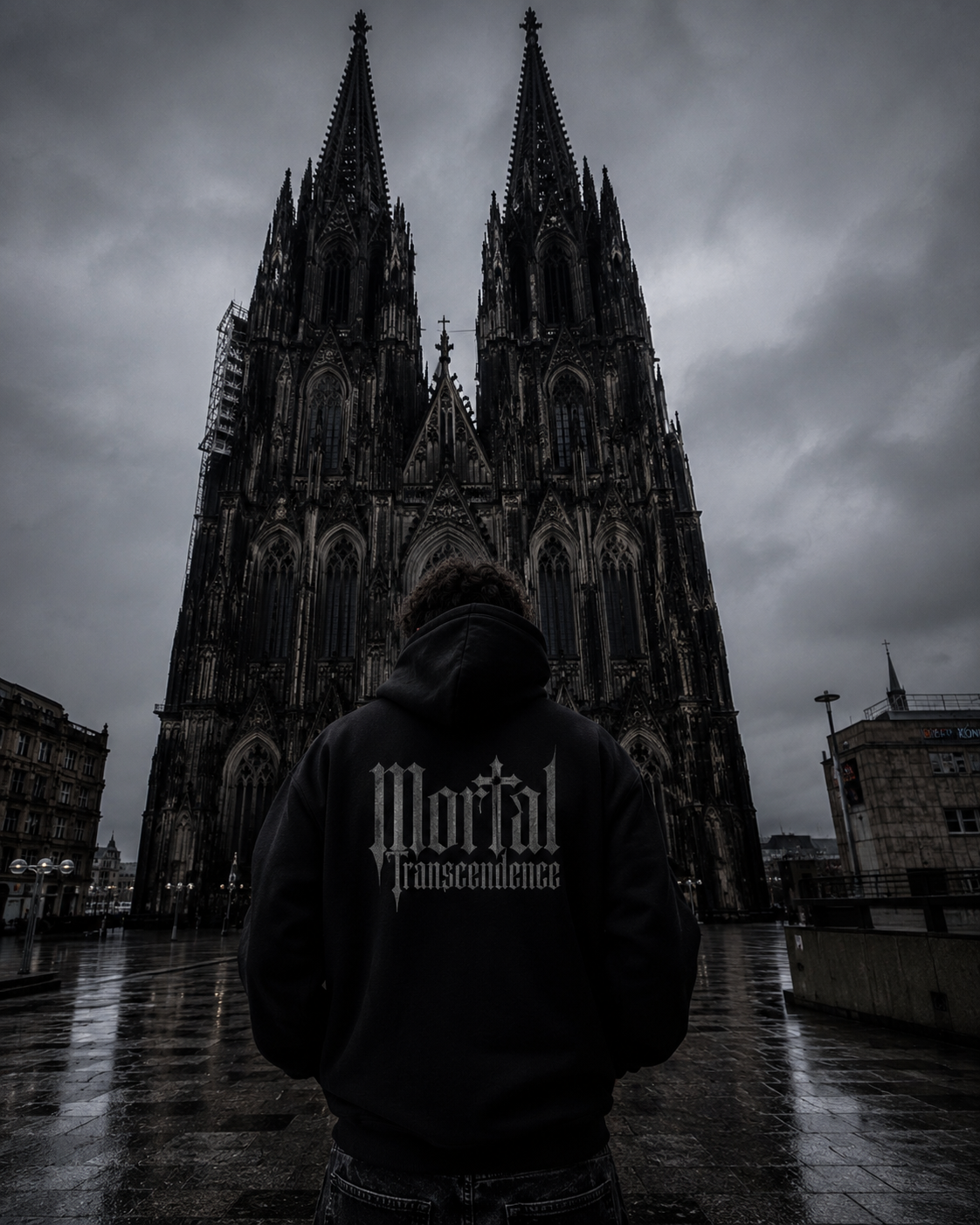 A person wearing a black hoodie with 'Mortal Transcendence' printed on the back stands in front of a gothic cathedral on a rainy, overcast day.