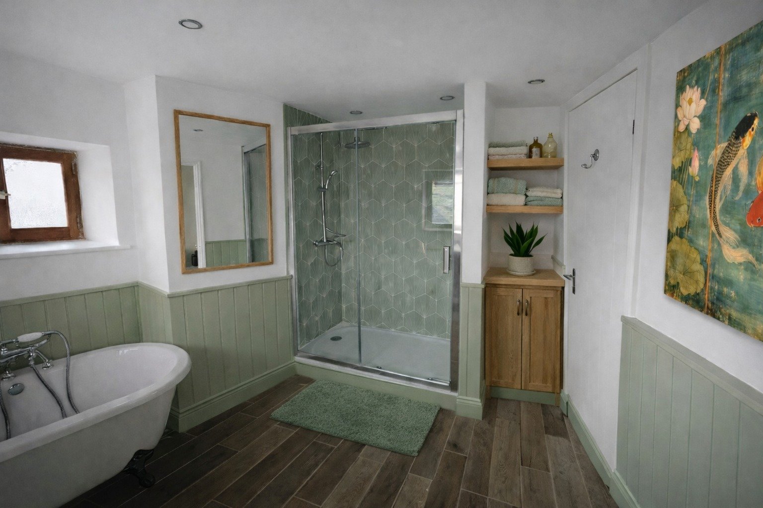 Bathroom with a clawfoot bathtub, glass shower stall, wooden cabinet, green tile walls, and artwork of fish on the wall.
