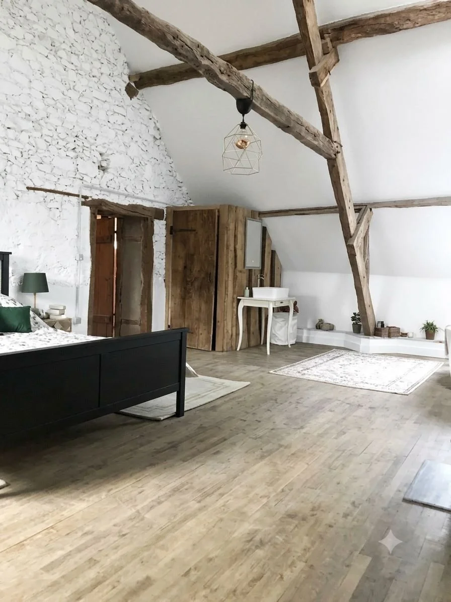 A rustic bedroom with wooden beams, a black bed frame, white walls, a wooden door, a white vanity with a mirror, small potted plants, area rugs, and a unique hanging light fixture.