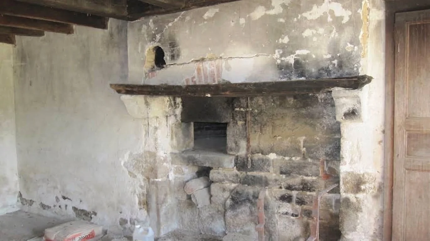 Old, rustic fireplace with a large wooden mantel, brick and stone construction, and signs of wear and damage on the wall above it.