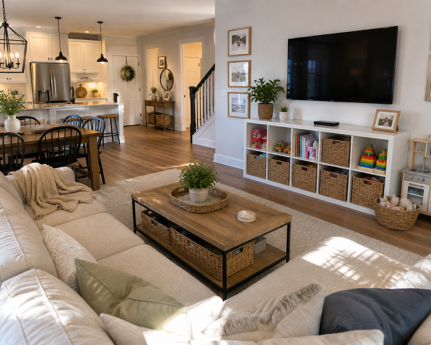 Living room with a beige sectional sofa, a wooden coffee table with woven baskets underneath, and a white island kitchen in the background. The wall has a large flat-screen TV and white shelving with baskets and children's toys, and framed photos. The space is decorated with plants and natural decor.