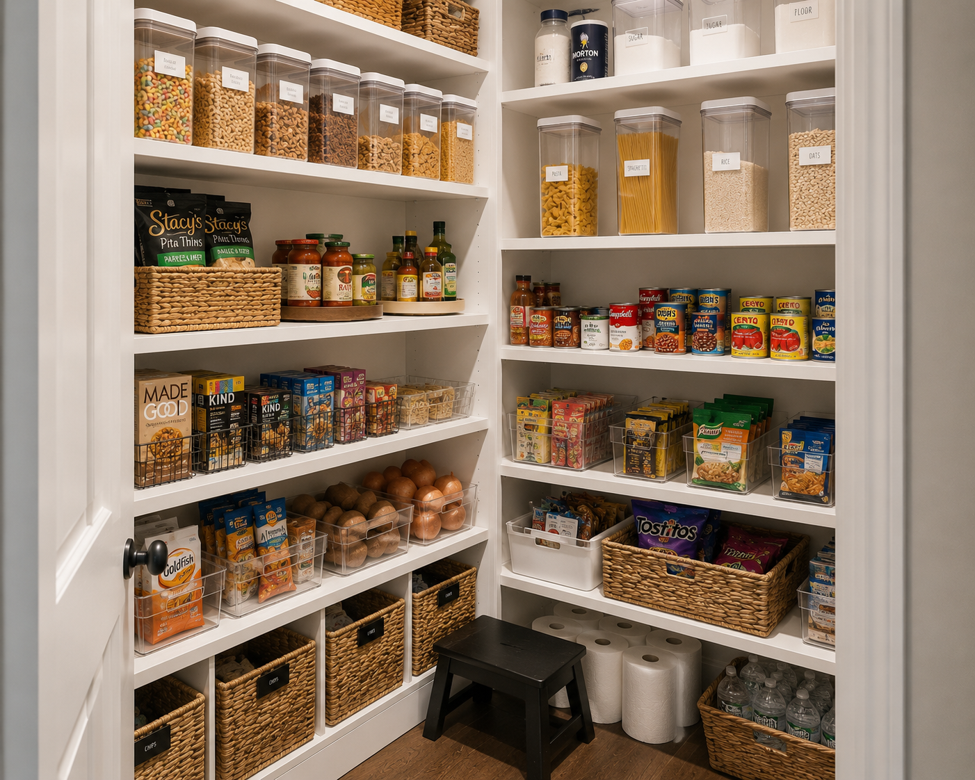 Pantry with organized shelves containing pasta, canned goods, snacks, spices, and paper towels.