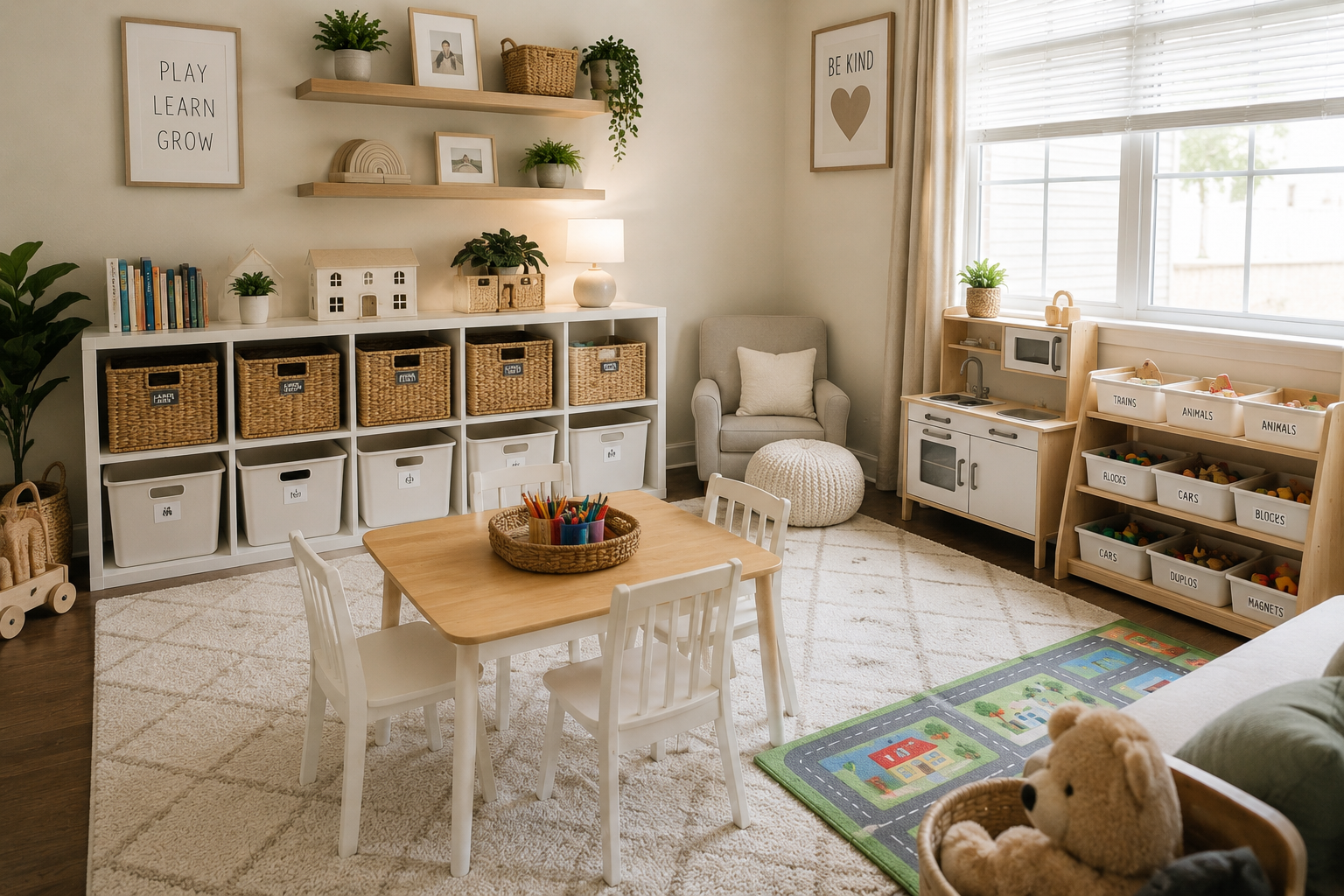 A cozy, well-organized children's playroom featuring a small wooden table with four white chairs, a toy basket with colorful markers, a white storage unit with baskets and bins, a play kitchen, a plush armchair with a cushion, a framed artwork on the wall, potted plants, and a window with blinds