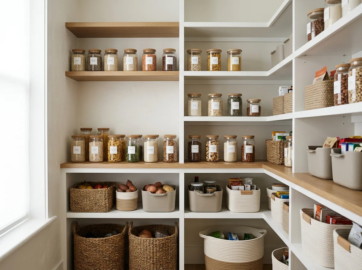 A pantry with white shelves and light wood countertops filled with glass jars containing grains, beans, and pasta, stored in baskets and bins.