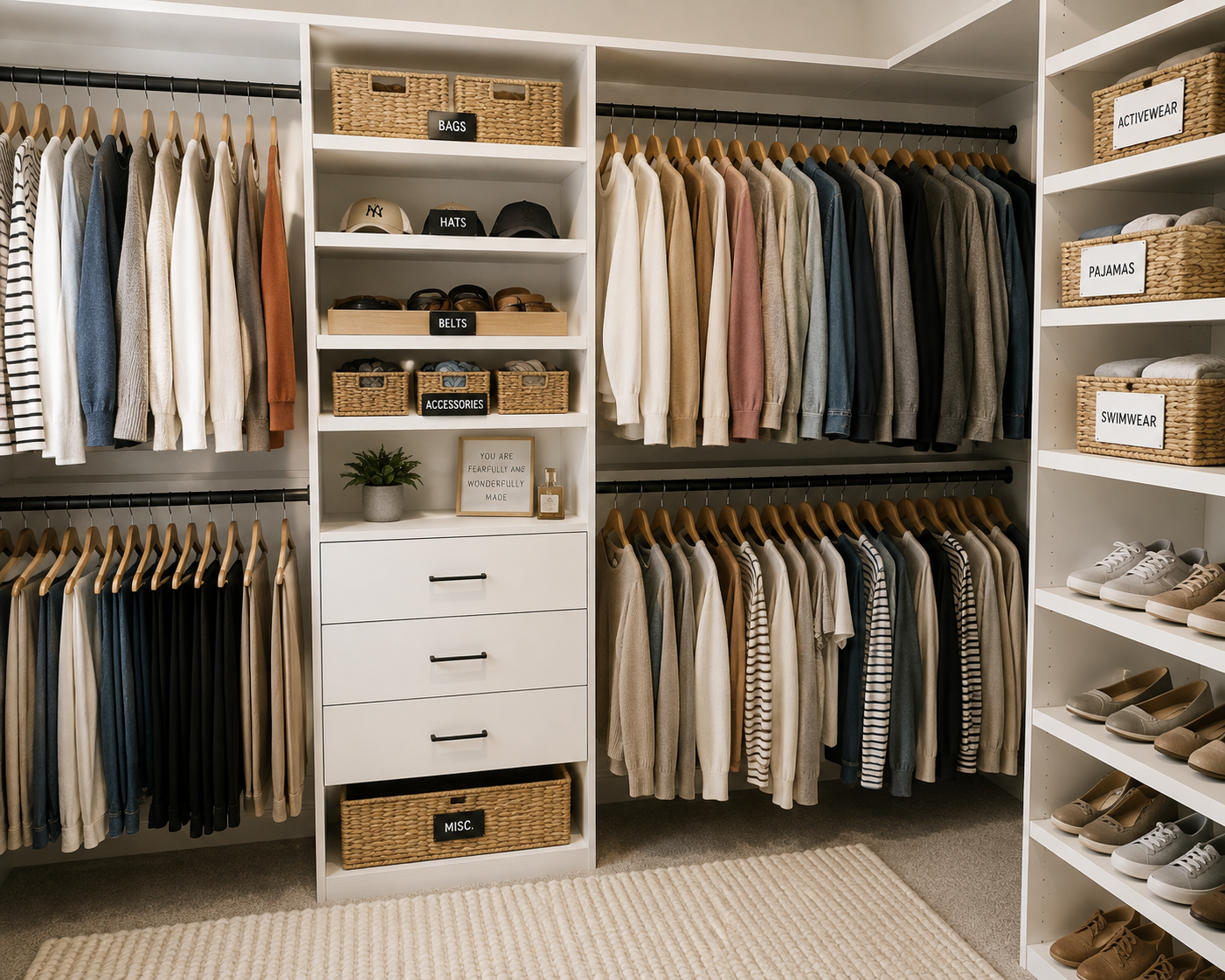 Organized closet with sweaters, shirts, and accessories, shelves of shoes, baskets labeled for different clothing categories, and a small potted plant.