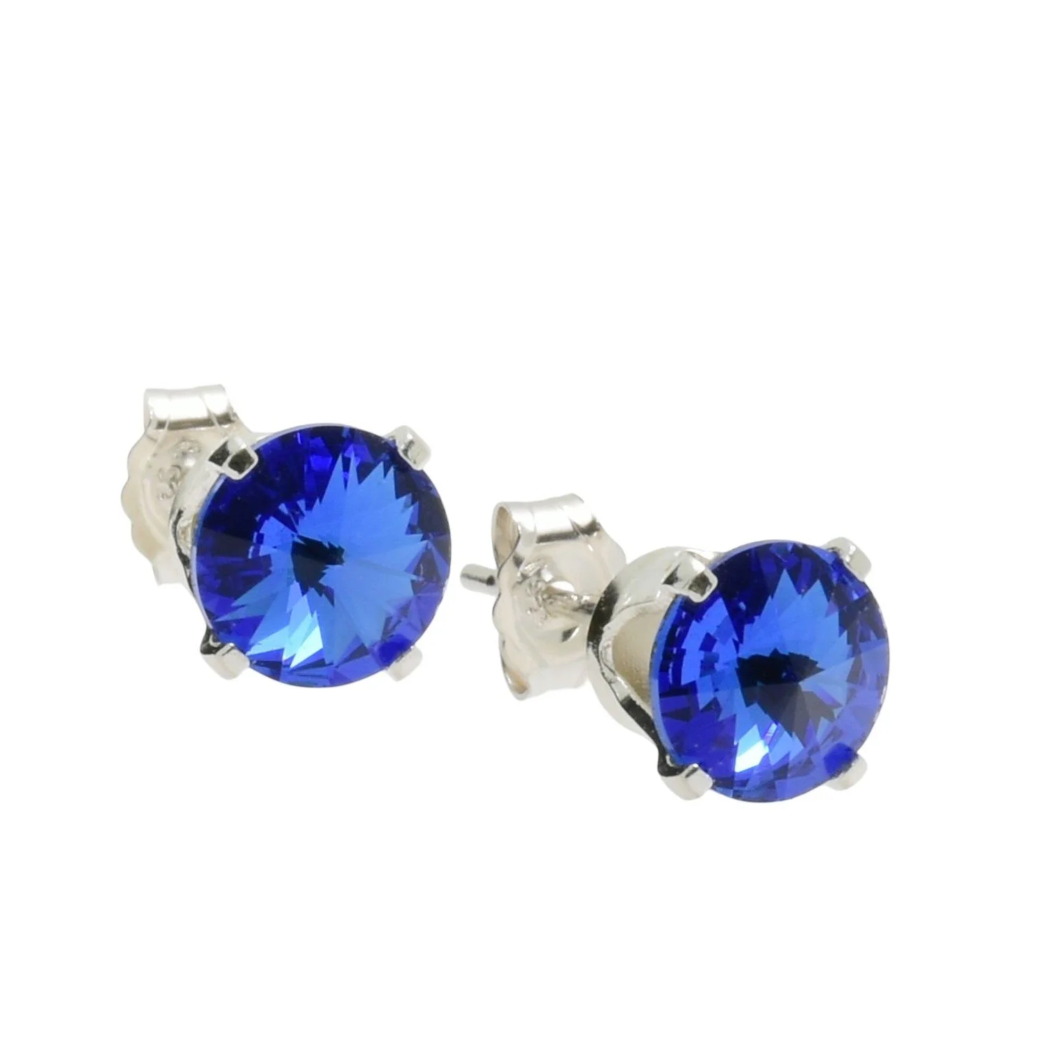pewterhooter Sterling Silver Sapphire Blue Stud Earrings for women made with brilliant Swarovski Crystals.