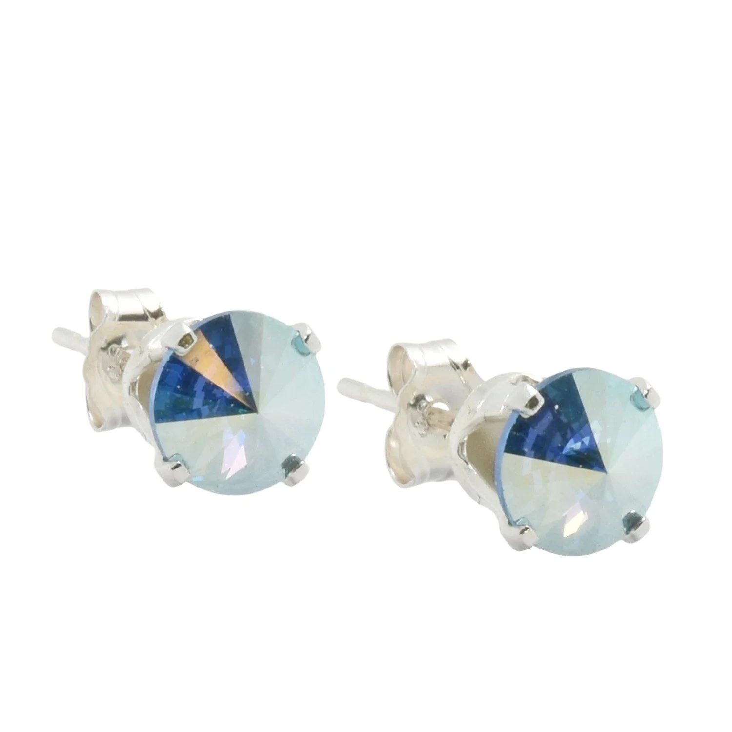 pewterhooter Sterling Silver Aquamarine Aurore Boreale Stud Earrings for women made with brilliant Swarovski Crystals.