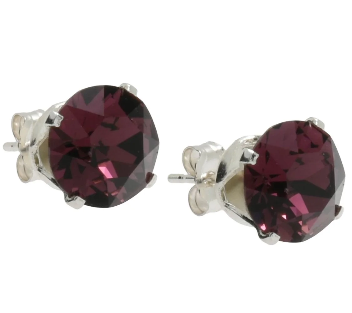 pewterhooter Sterling Silver Amethyst Stud Earrings for women made with sparkling Swarovski Crystals.