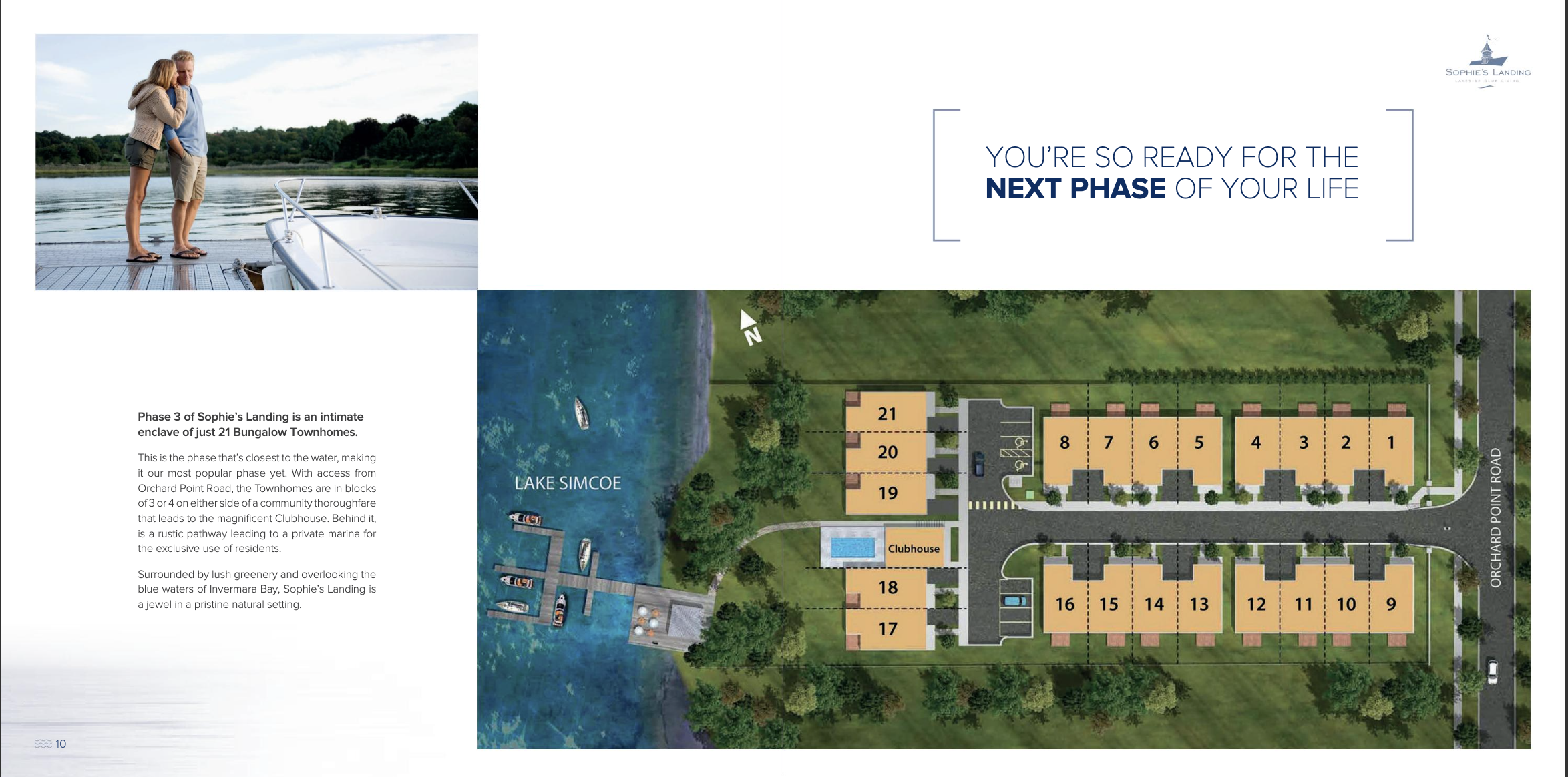A digital marketing brochure for Sophie’s Landing, a residential community near Lake Simcoe. The layout shows a photo of a couple by a dock, a map of the community's layout with numbered lots, and text about the development.