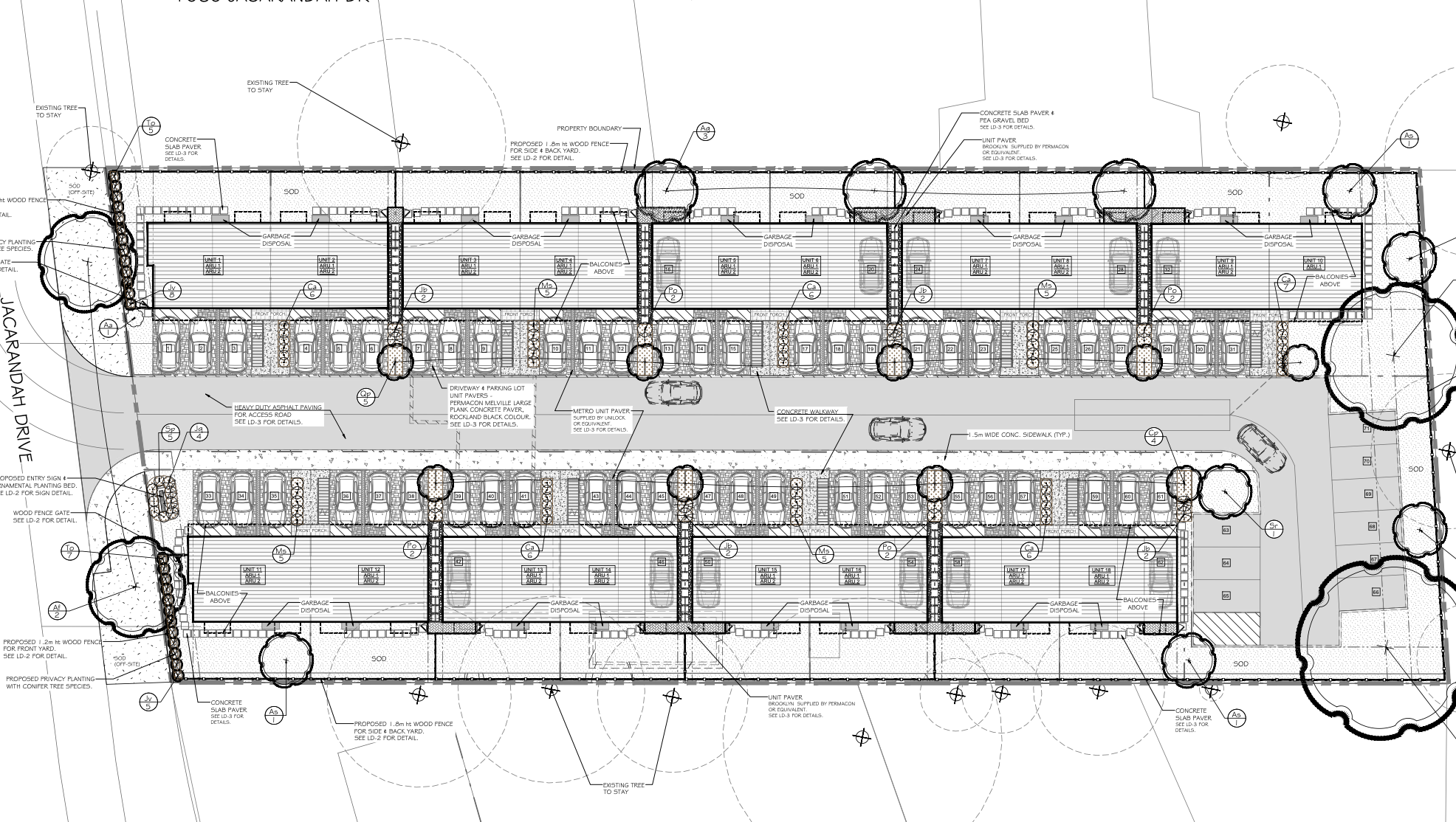 A detailed architectural site plan for a residential development, showing parking spaces, building footprints, landscaping, and fencing details.