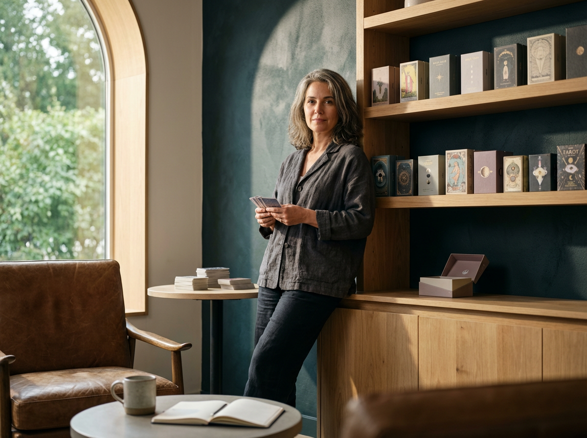 A woman stands in a cozy room with large window, holding a deck of cards, next to a bookshelf filled with tarot decks, with a small table holding a stack of tarot cards, a mug, and a book.