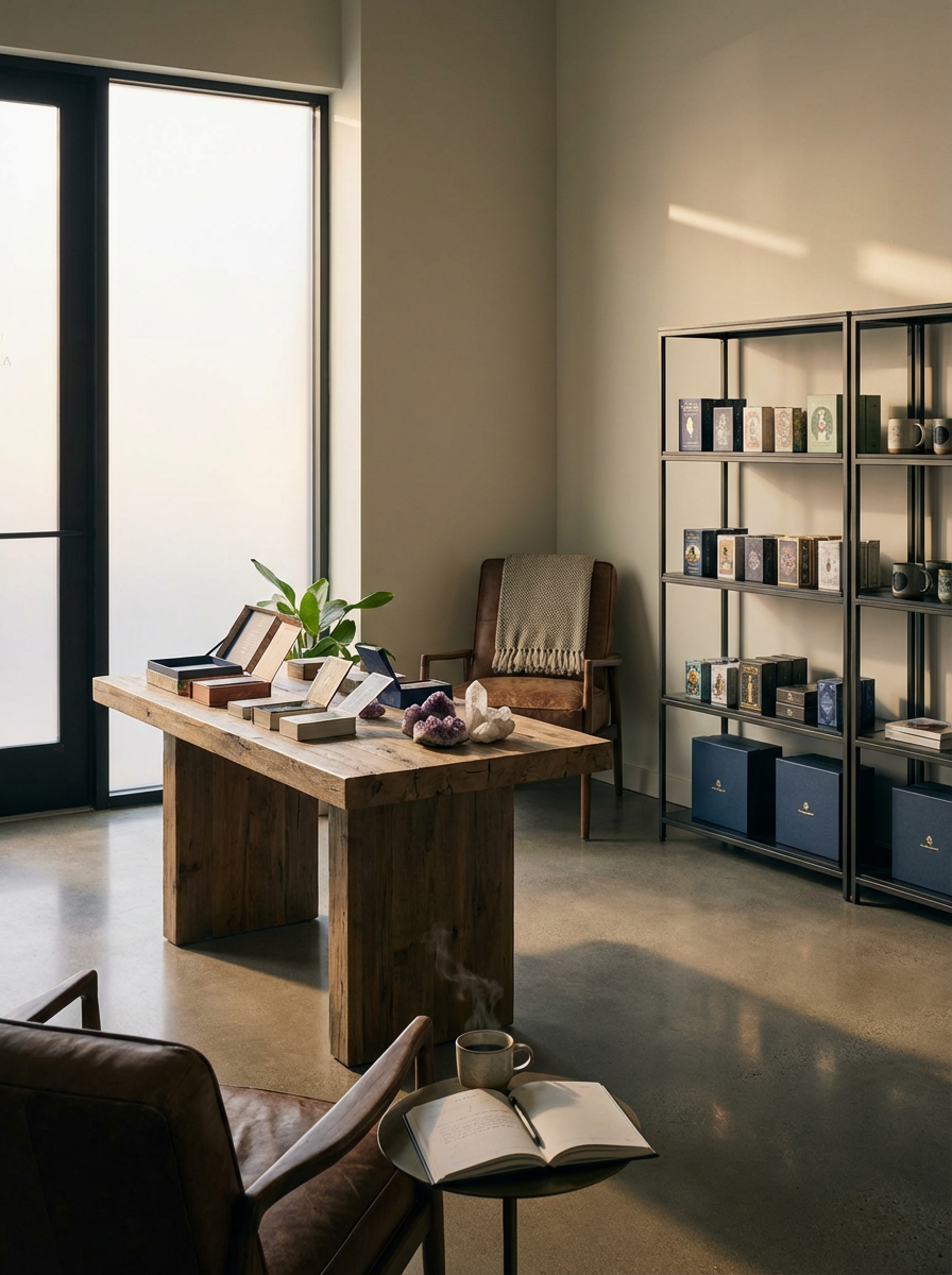 Interior of a cozy shop or office with a wooden table displaying jewelry or small items, a leather armchair with a blanket, a bookshelf with books and boxes, and a window letting in natural light, with a steaming coffee mug and an open notebook on a small side table.