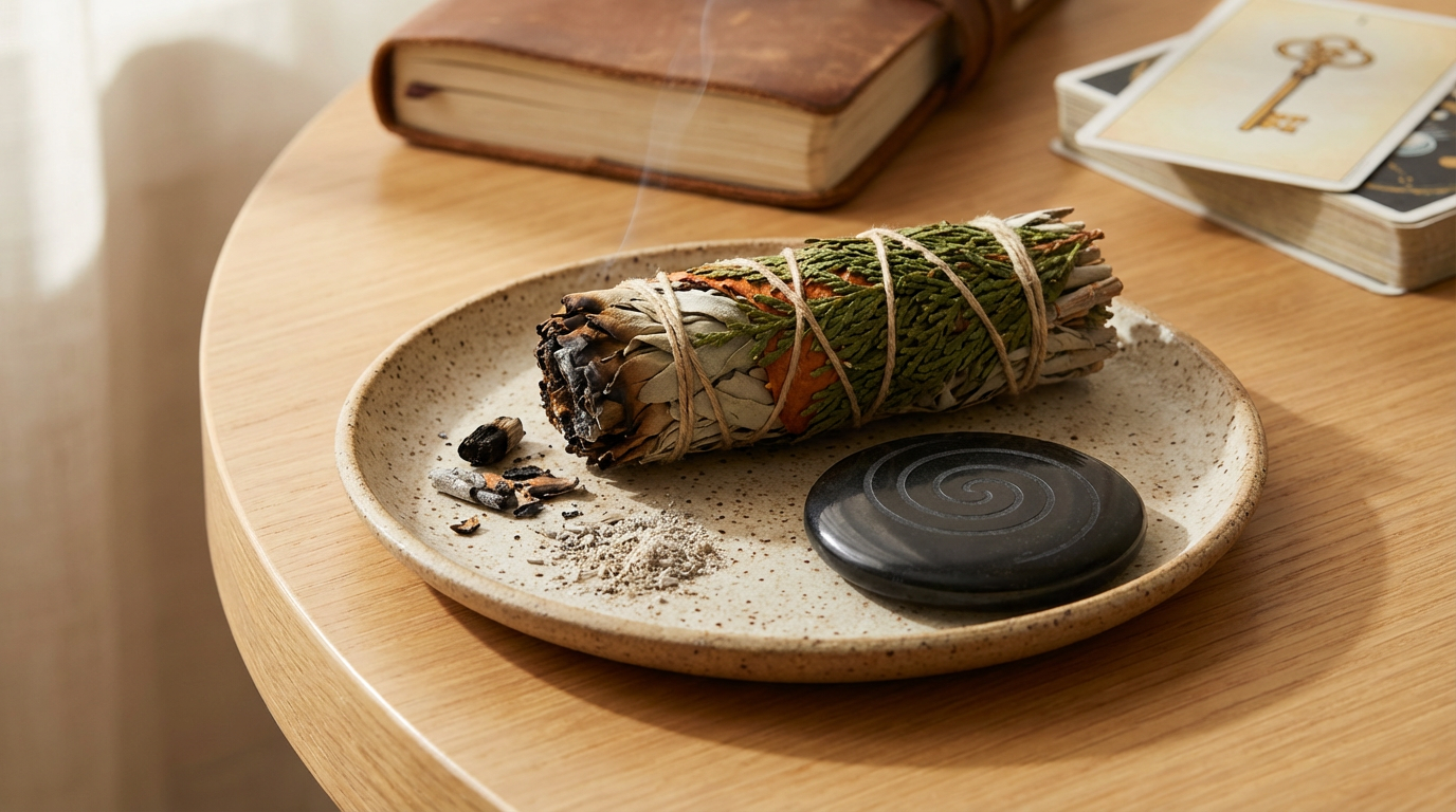 A smudged sage bundle, a black spiral stone, and some ash on a beige speckled plate on a wooden table, with a book and tarot cards in the background.