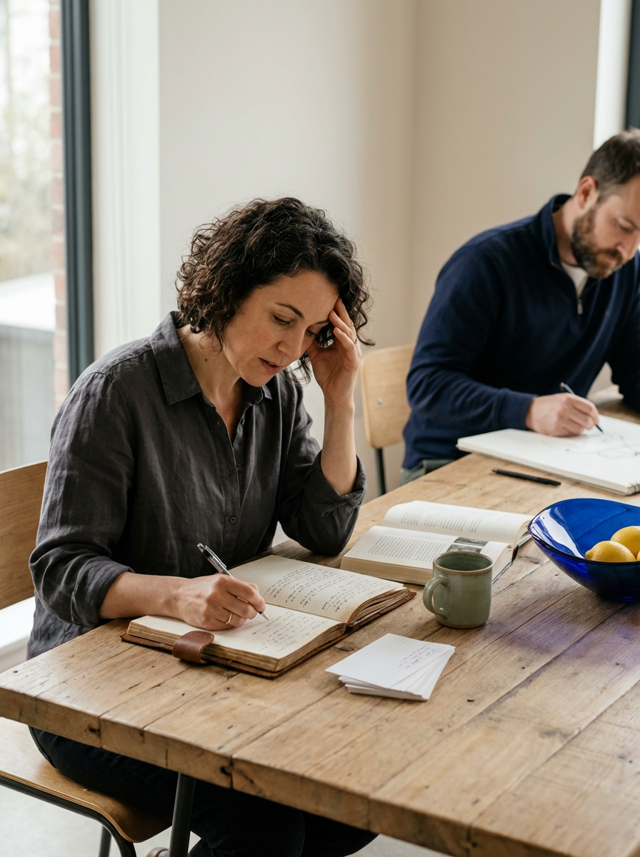 A woman with curly dark hair, wearing a gray shirt, sitting at a wooden table, writing in a large old book with a pen, with a mug and a bowl of lemons nearby, in a well-lit room with large windows. A man with a beard, wearing a navy sweater, is sitting next to her, also writing in a notebook.