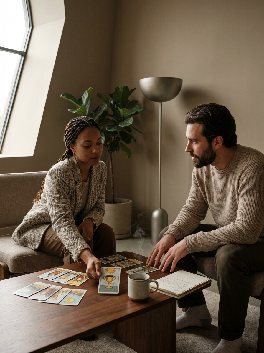 A man and woman sit at a wooden table in a cozy room, engaged in a tarot card reading or similar activity, with tarot cards spread across the table, a notebook, a coffee mug, and a potted plant in the background.