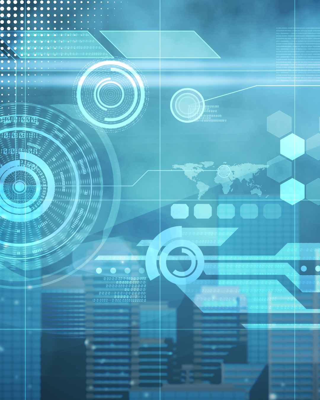 Futuristic digital interface with holographic elements, including a world map, concentric circles, and hexagons, superimposed over a city skyline reflective of audio and video technology.