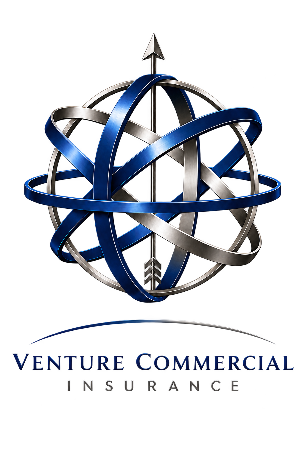 Logo of Venture Commercial Insurance featuring a spherical metallic and blue interwoven abstract globe with an arrow at the top, and the company name written below in blue and gray letters.