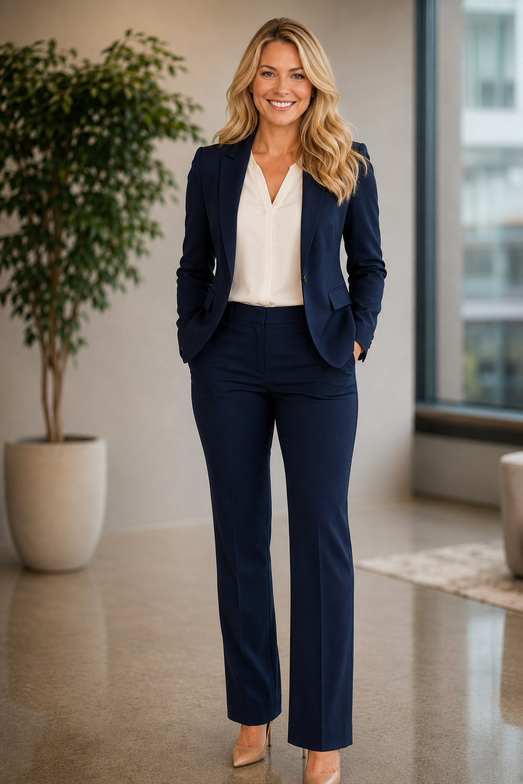 A professional woman with blonde hair in a navy suit standing in an office with a large window and potted plant.