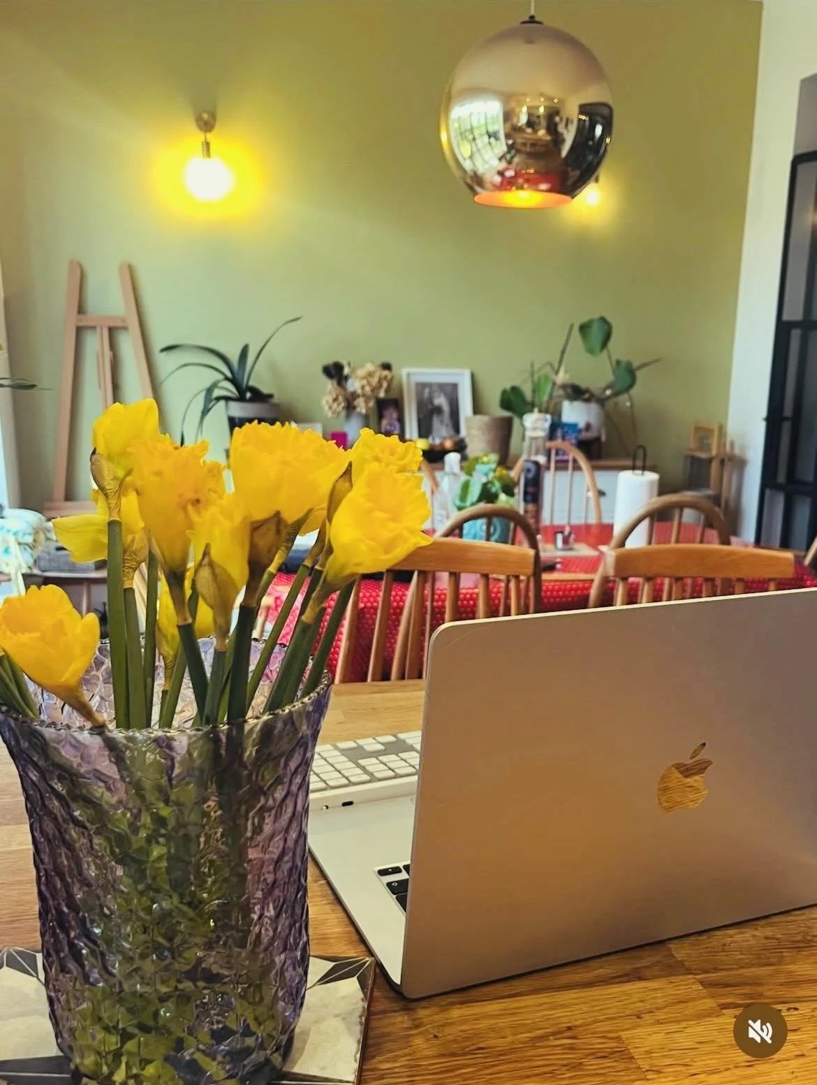 A dining table with a silver MacBook laptop and a glass vase of yellow flowers in the foreground. In the background, there is a room with a green wall, a light fixture, a metallic hanging lamp, plants, framed photos, and various household items.