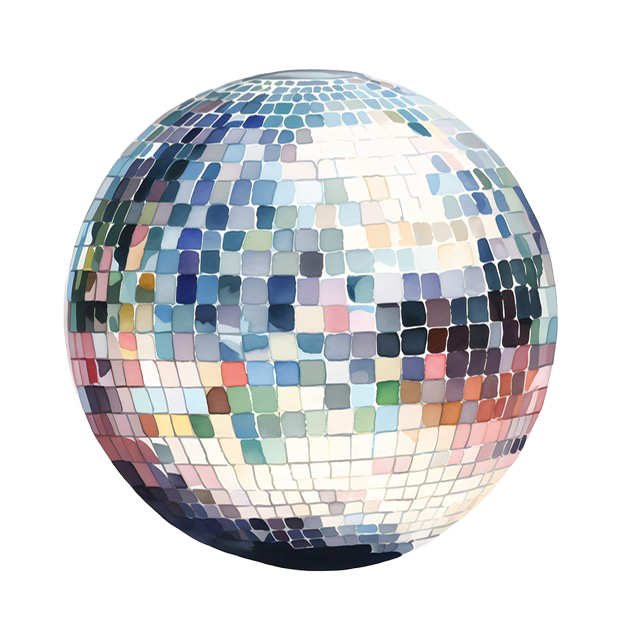 A spherical disco ball composed of many small, reflective square tiles.