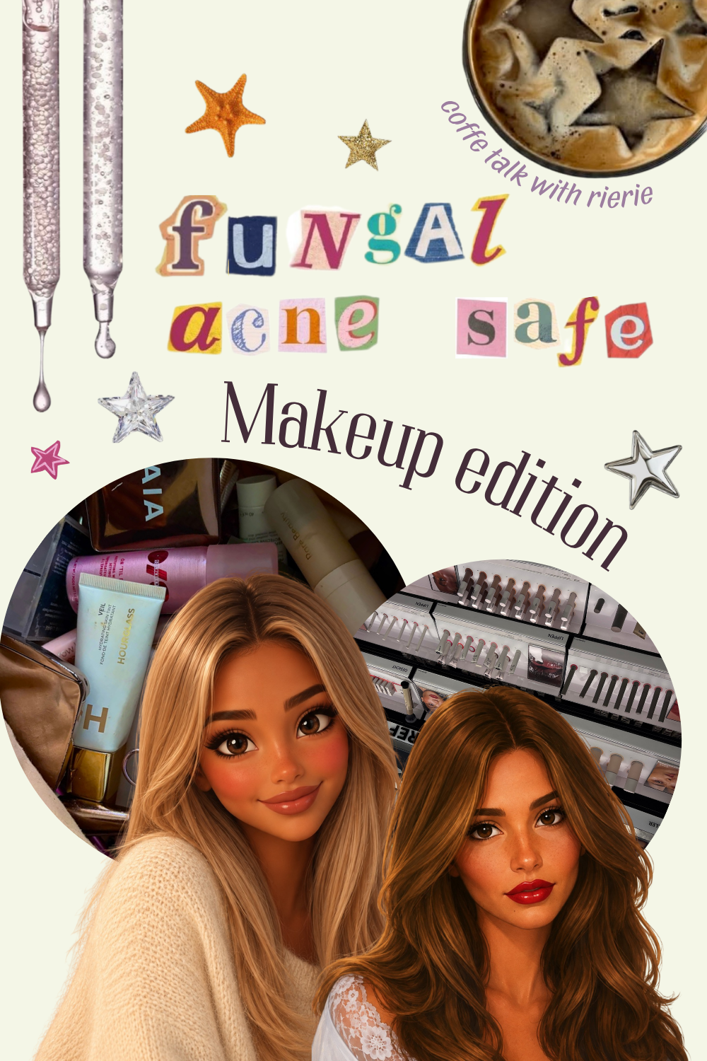 askrierie journal collage featuring fungal acne-safe makeup, skincare, coffee and beauty imagery